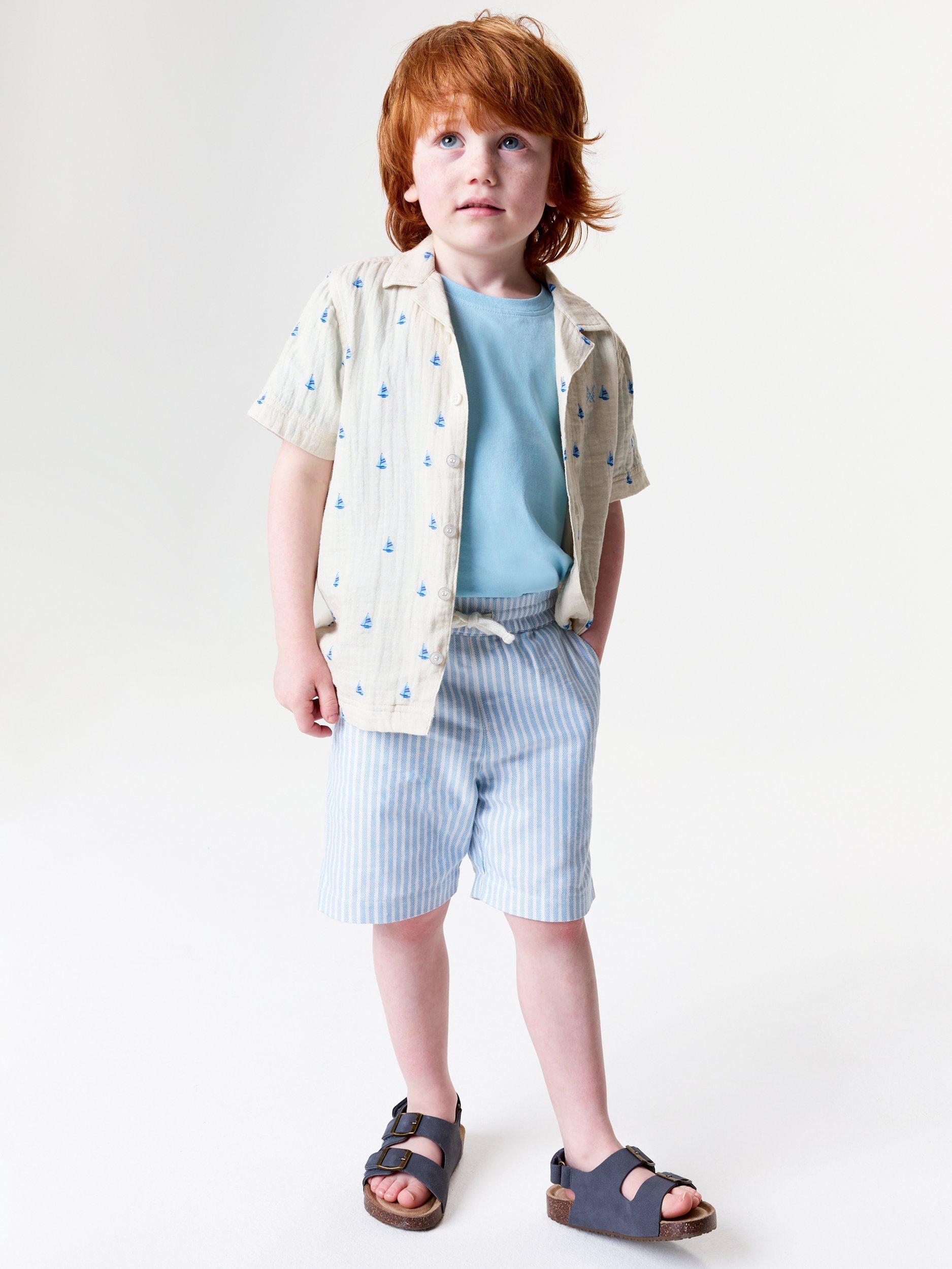 Product image 1 of 4, which shows Crew Clothing Kids' Twill Striped Shorts, Mid Blue, 8-9 years