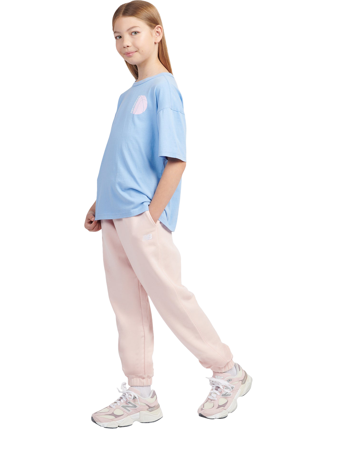 Product image 5 of 11, which shows New Balance Kids' French Terry Small Logo Jogging Bottoms, Pink Haze, 7-8 years