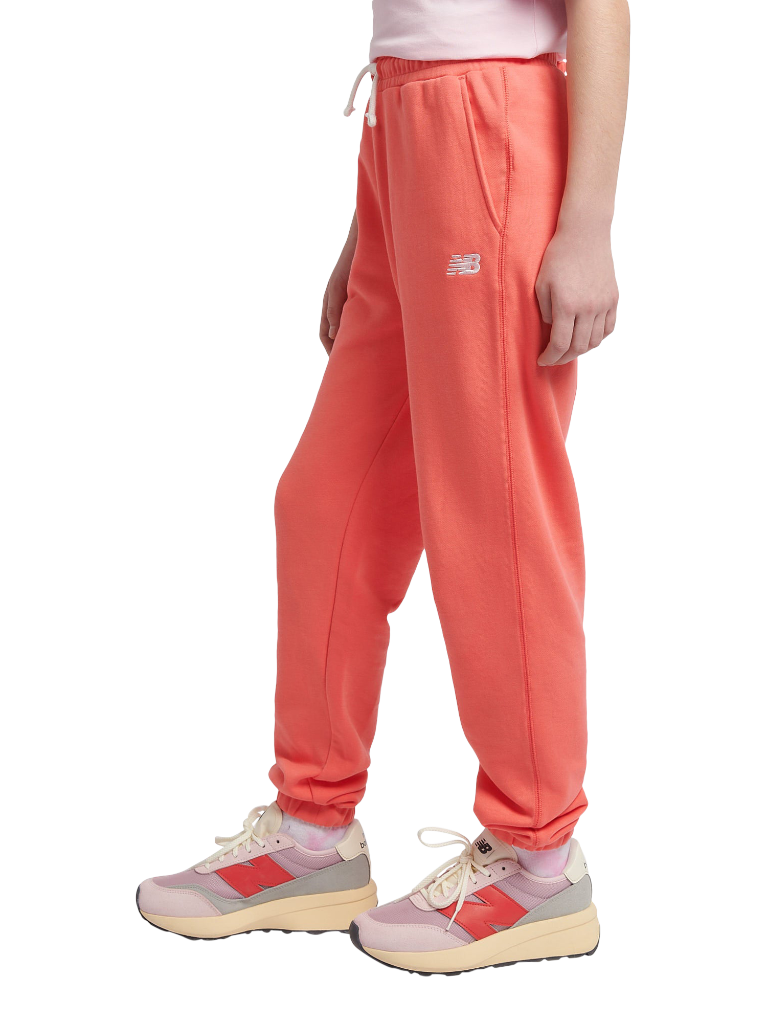 Product image 2 of 8, which shows New Balance Kids' French Terry Small Logo Jogging Bottoms, Drift Red, 7-8 years