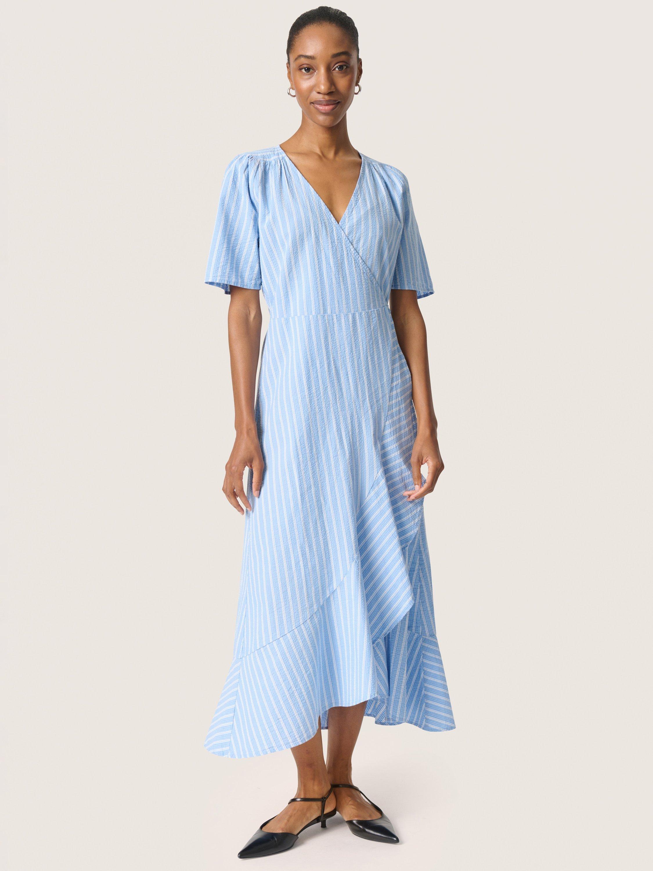 Product image 3 of 6, which shows Soaked In Luxury Anvitte Stripe Wrap Dress, Vista Blue/White, XL