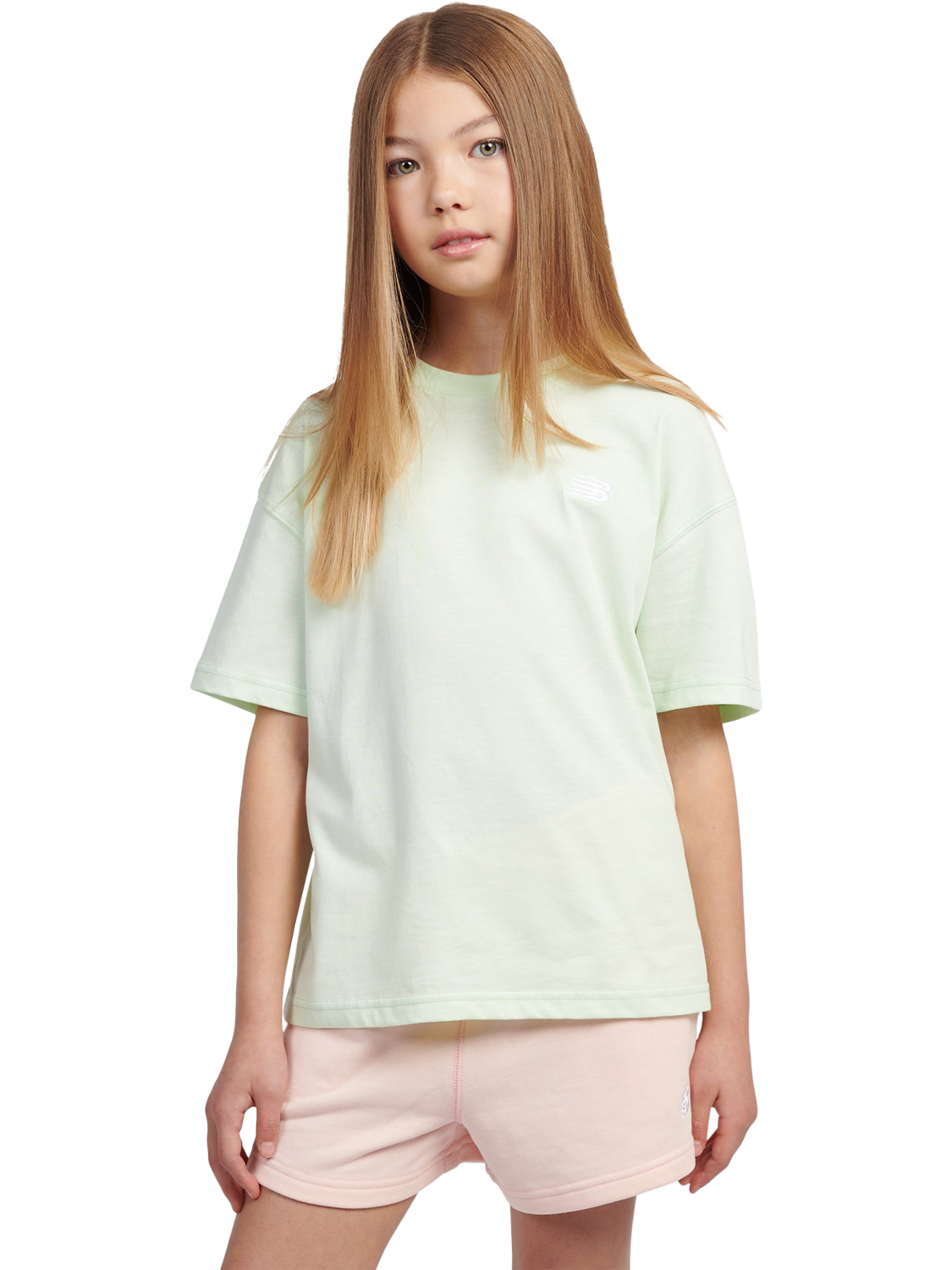 Product image 1 of 8, which shows New Balance Kids' Jersey Small Logo T-Shirt, Melon Water, 7-8 years
