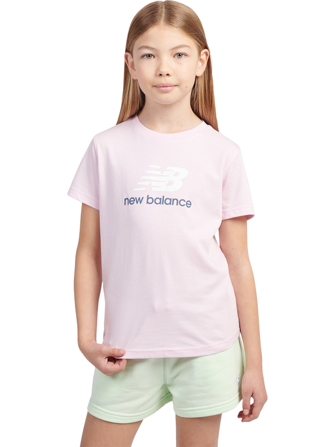 Product image 1 of 8, which shows New Balance Kids' Stacked Logo T-Shirt, Light Raspberry, 7-8 years