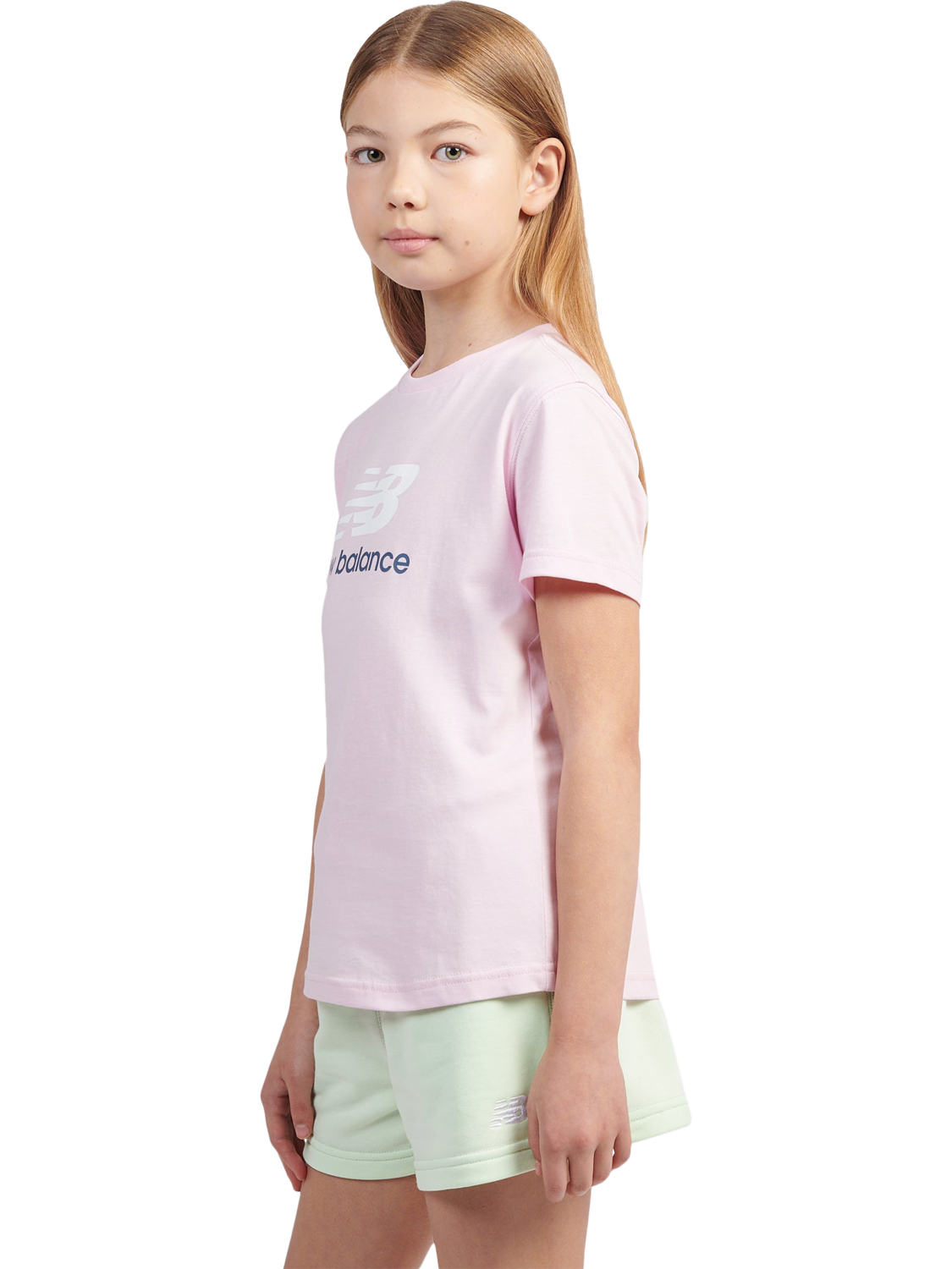 Product image 2 of 8, which shows New Balance Kids' Stacked Logo T-Shirt, Light Raspberry, 7-8 years