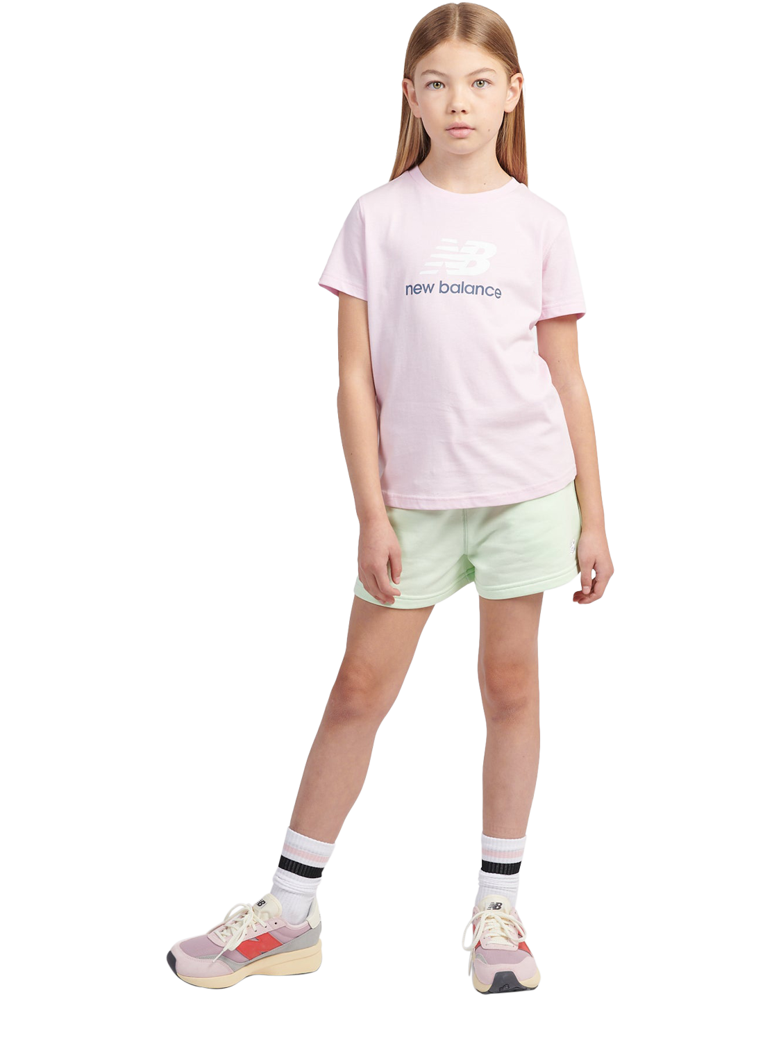 Product image 5 of 8, which shows New Balance Kids' Stacked Logo T-Shirt, Light Raspberry, 7-8 years