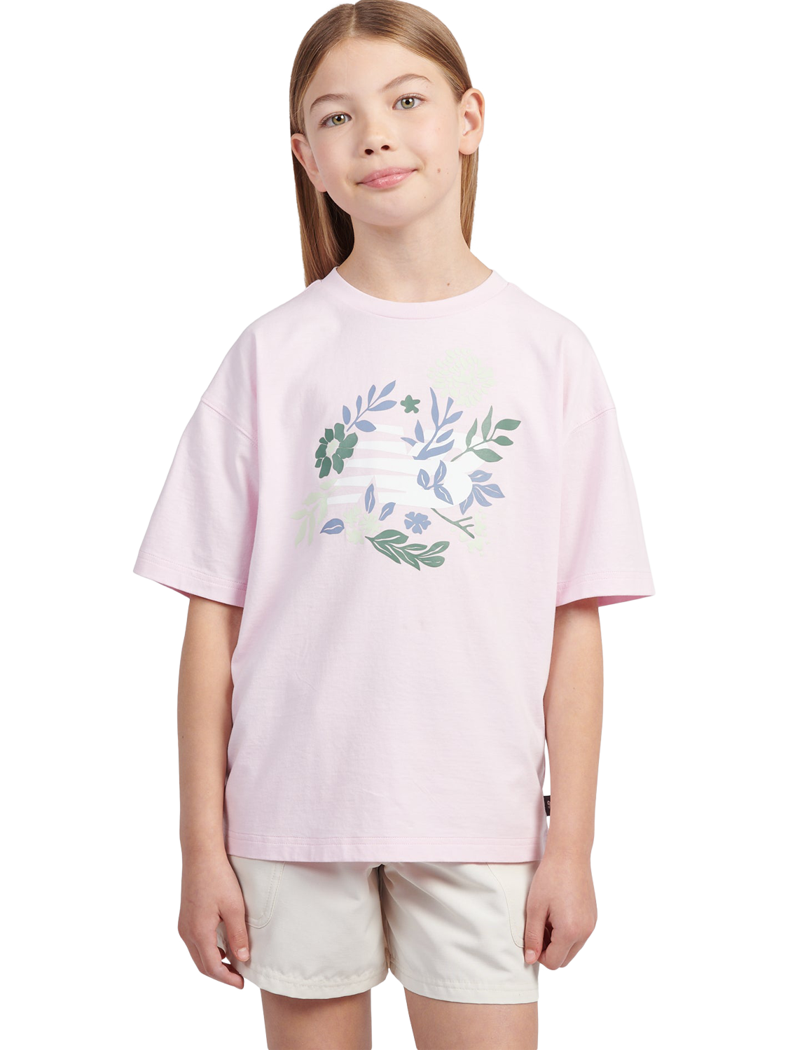 Product image 1 of 9, which shows New Balance Kids' Cotton Floral Graphic T-Shirt, Light Raspberry, 7-8 years