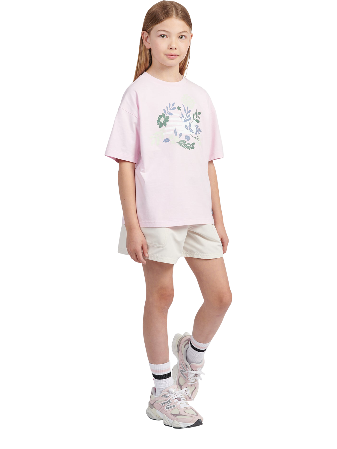 Product image 5 of 9, which shows New Balance Kids' Cotton Floral Graphic T-Shirt, Light Raspberry, 7-8 years