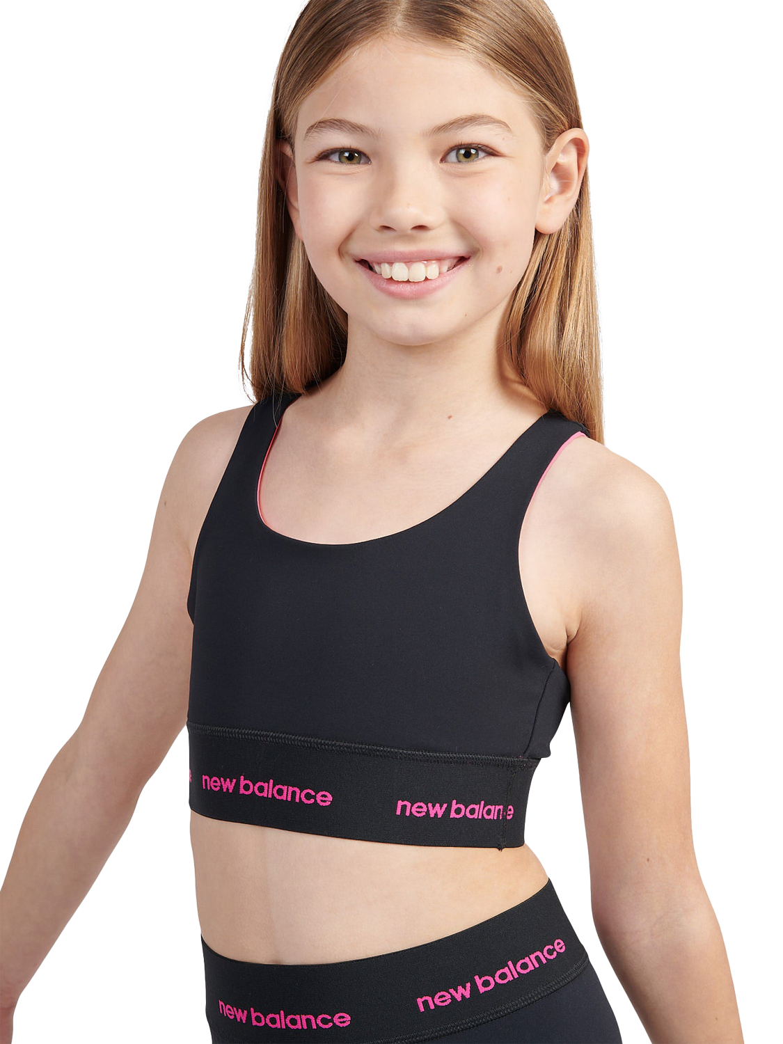 Product image 4 of 8, which shows New Balance Kids' Racerback Sports Bra, Caviar, 7-8 years