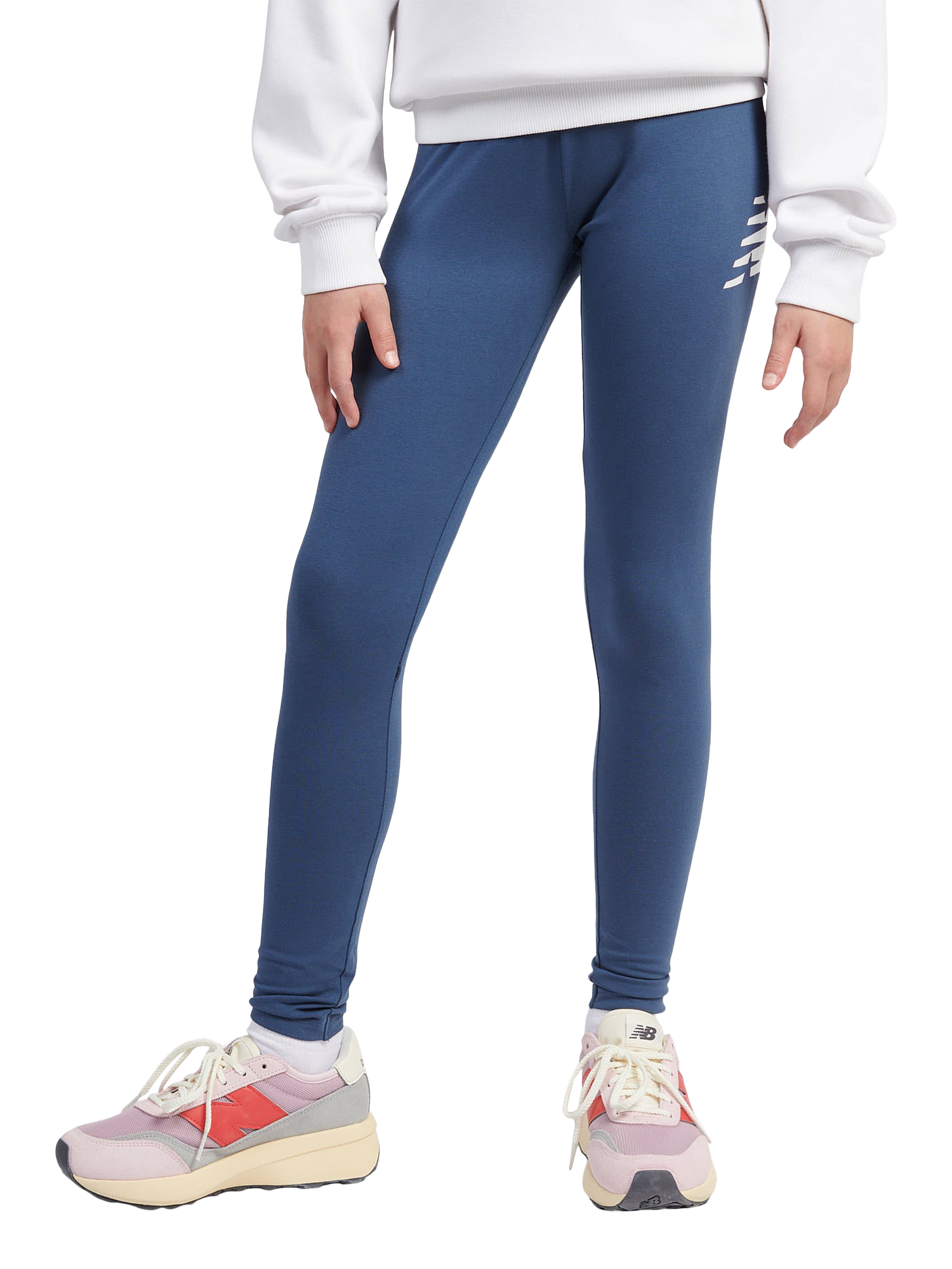 Product image 1 of 8, which shows New Balance Kids' Stacked Logo Leggings, Vintage Indigo, 7-8 years