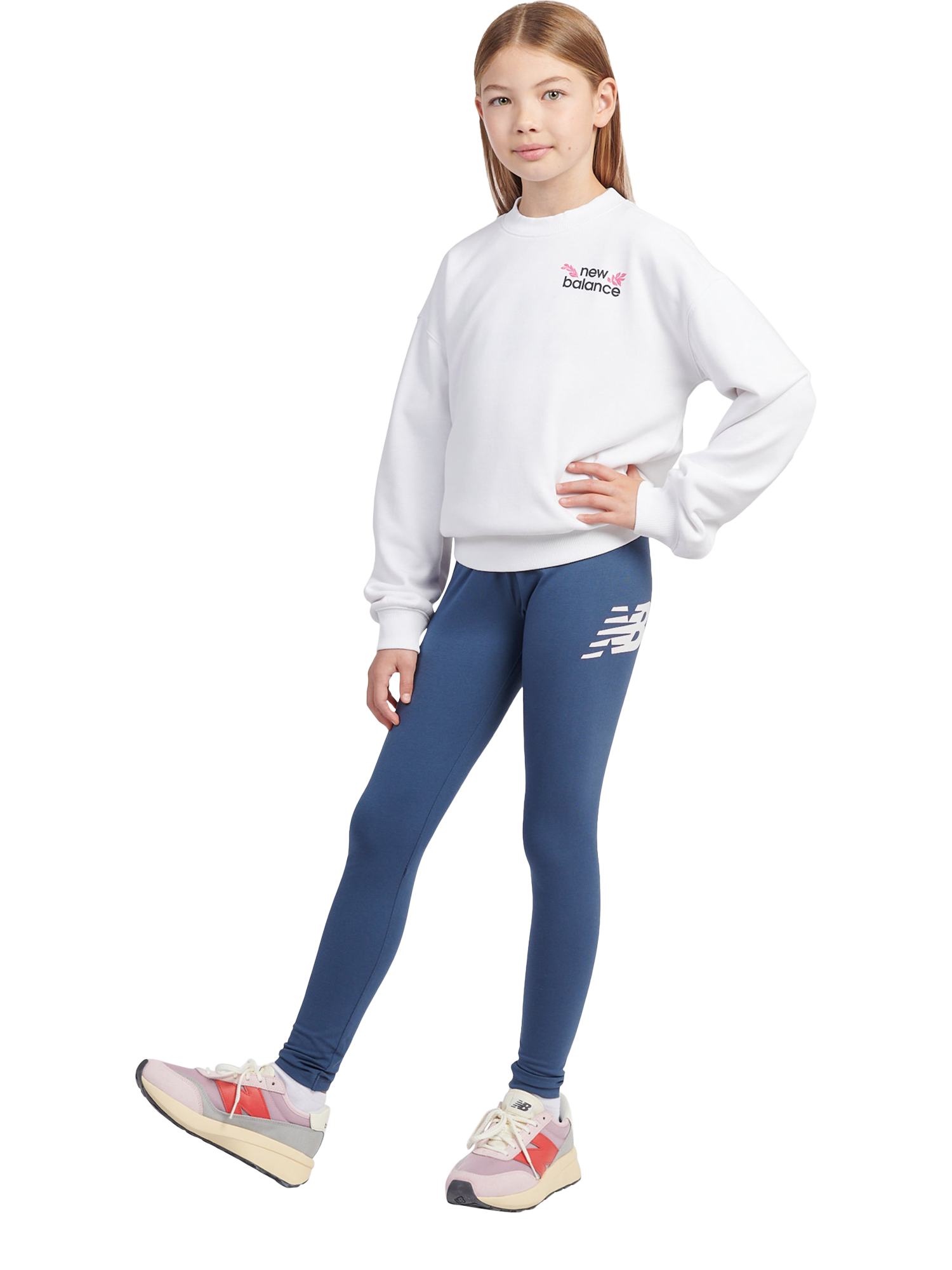 Product image 5 of 8, which shows New Balance Kids' Stacked Logo Leggings, Vintage Indigo, 7-8 years