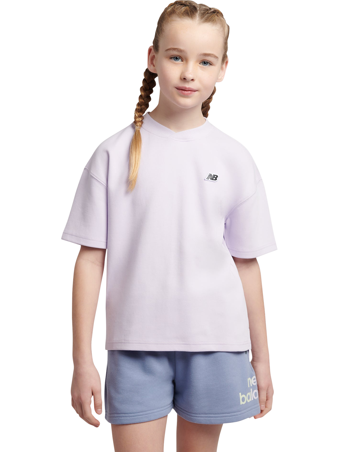 Product image 1 of 10, which shows New Balance Kids' T23 Cross Neck T-Shirt, Bright Lavender, 7-8 years