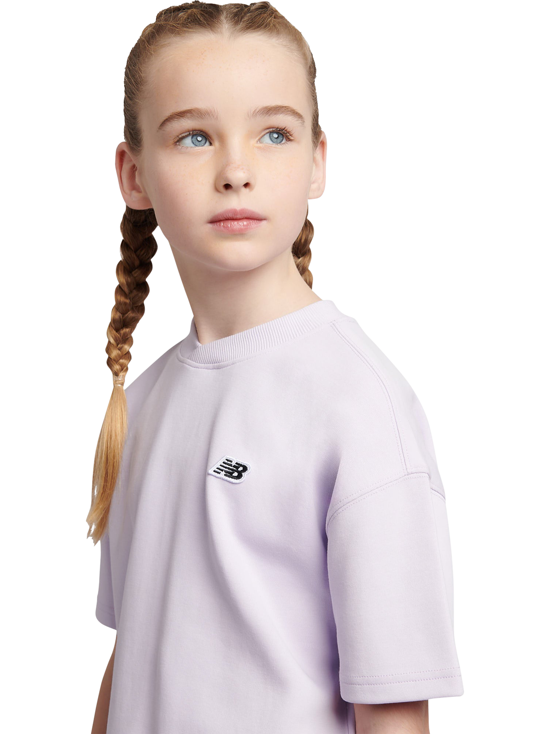 Product image 5 of 10, which shows New Balance Kids' T23 Cross Neck T-Shirt, Bright Lavender, 7-8 years