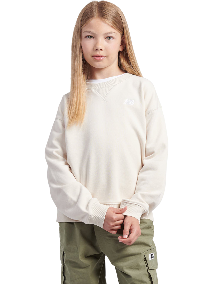 Product image 1 of 5, which shows New Balance Kids' French Terry Small Logo Long Sleeve Crew Neck Sweatshirt, Linen, 7-8 years