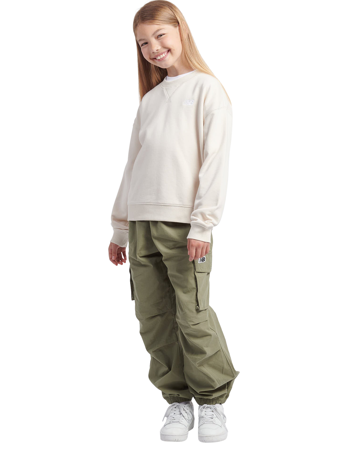 Product image 5 of 5, which shows New Balance Kids' French Terry Small Logo Long Sleeve Crew Neck Sweatshirt, Linen, 7-8 years