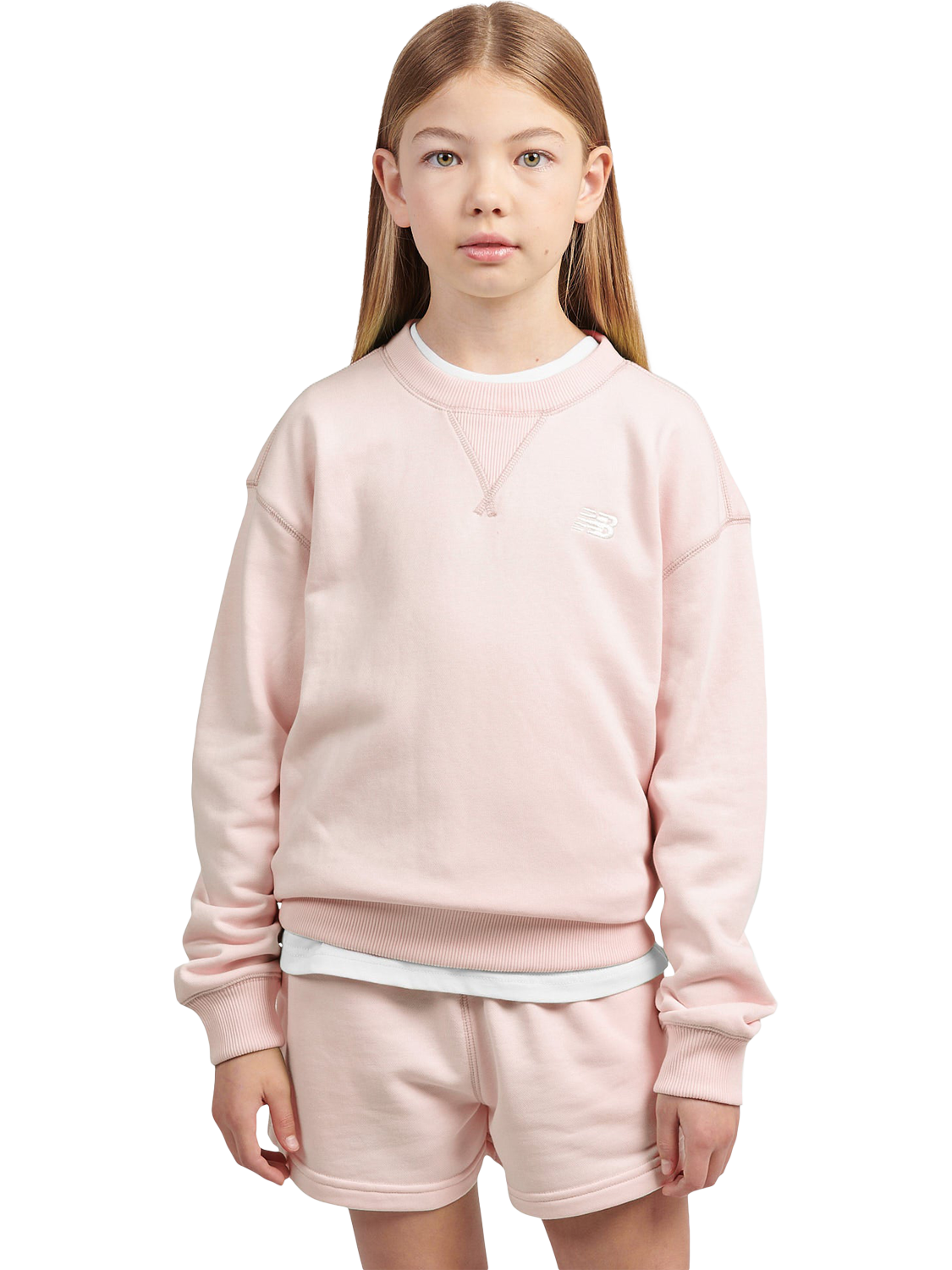 Product image 1 of 7, which shows New Balance Kids' French Terry Small Logo Crew Sweatshirt, Pink Haze, 7-8 years