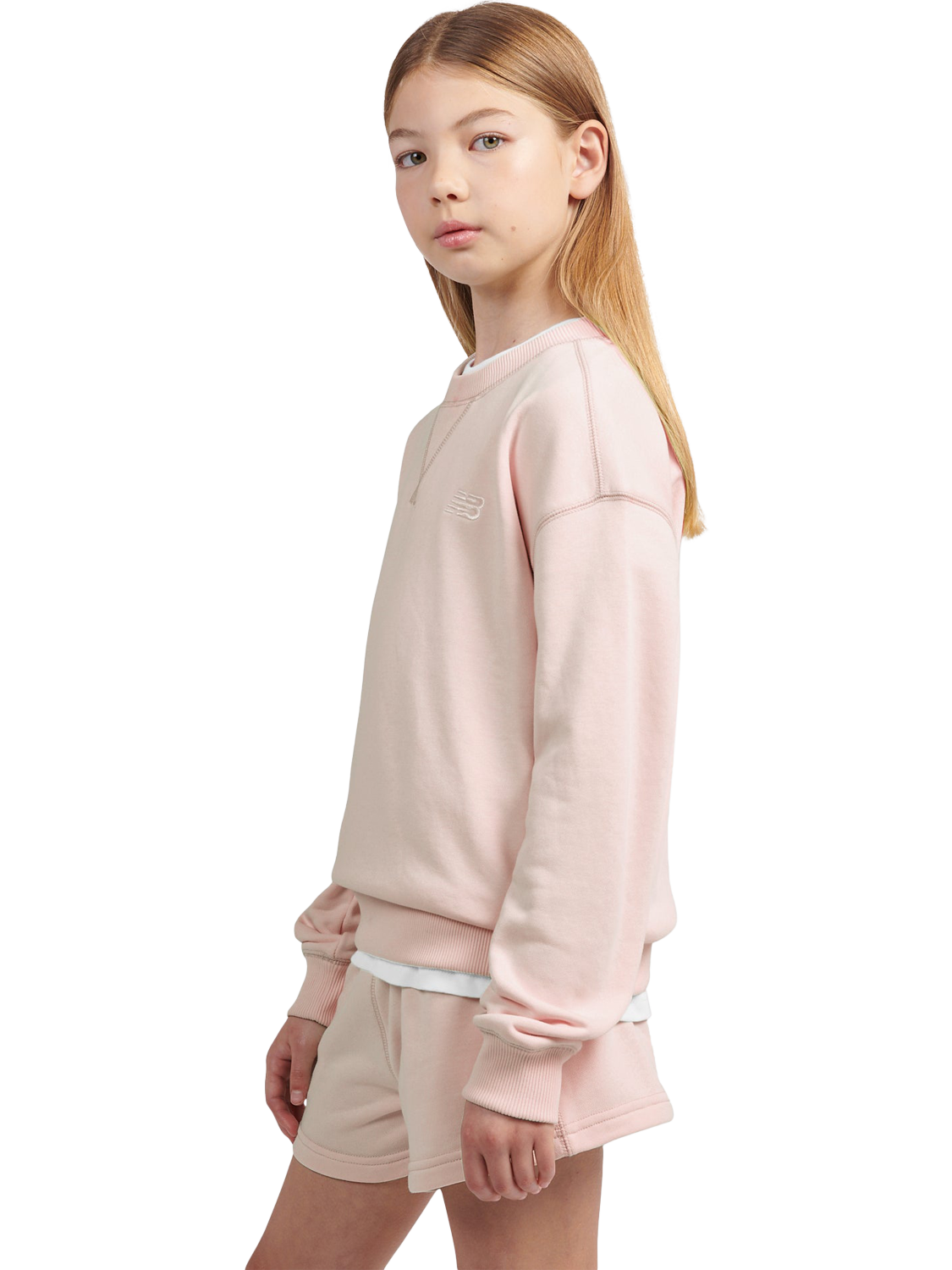 Product image 2 of 7, which shows New Balance Kids' French Terry Small Logo Crew Sweatshirt, Pink Haze, 7-8 years
