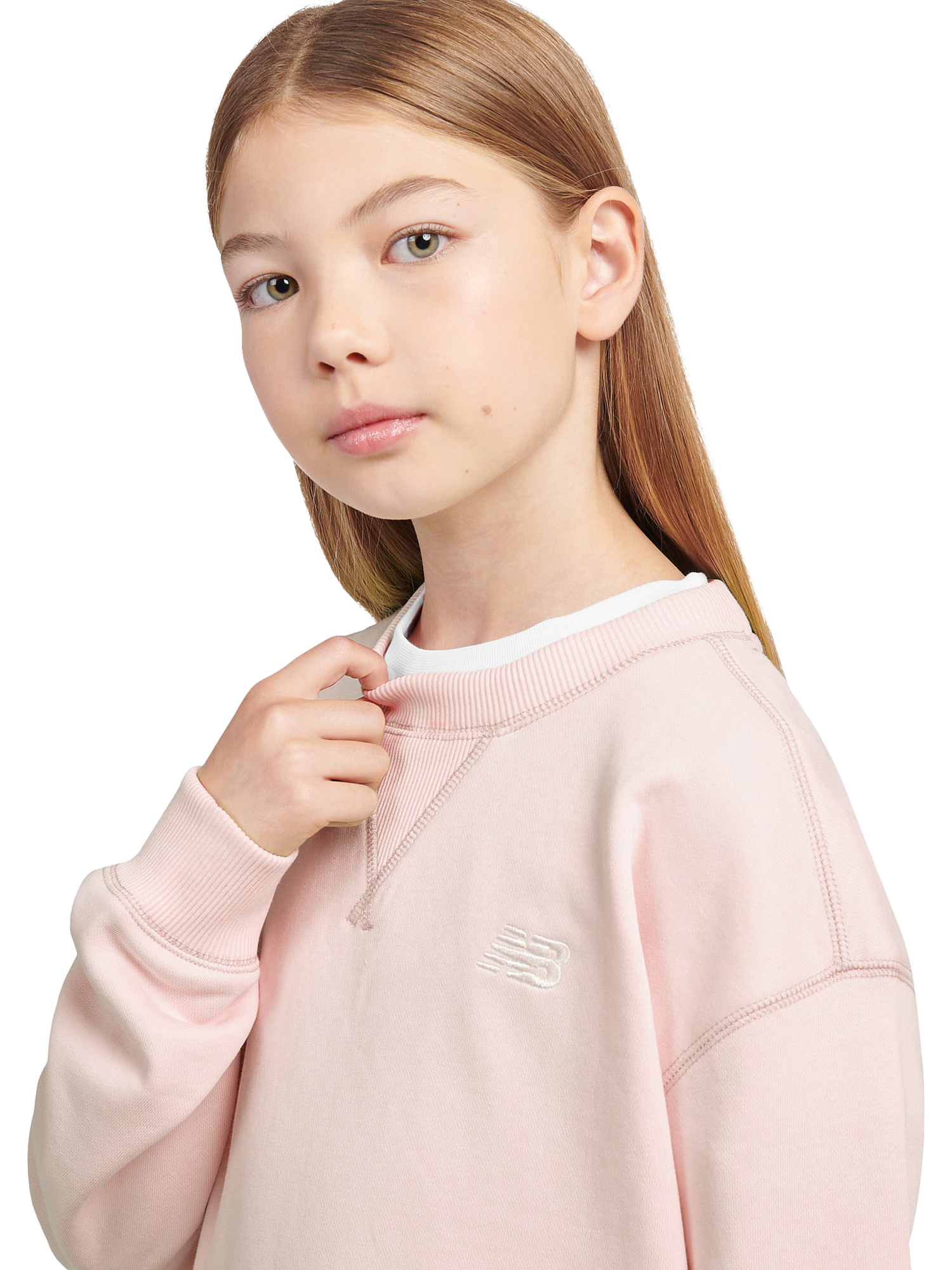 Product image 4 of 7, which shows New Balance Kids' French Terry Small Logo Crew Sweatshirt, Pink Haze, 7-8 years