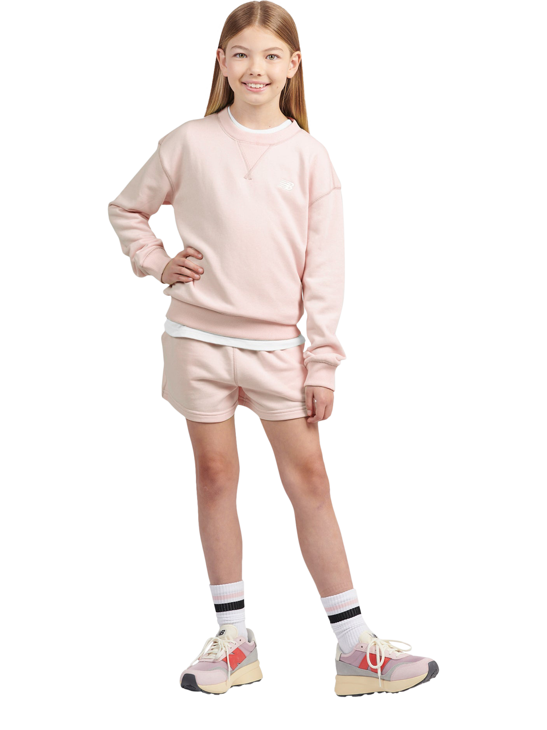 Product image 5 of 7, which shows New Balance Kids' French Terry Small Logo Crew Sweatshirt, Pink Haze, 7-8 years