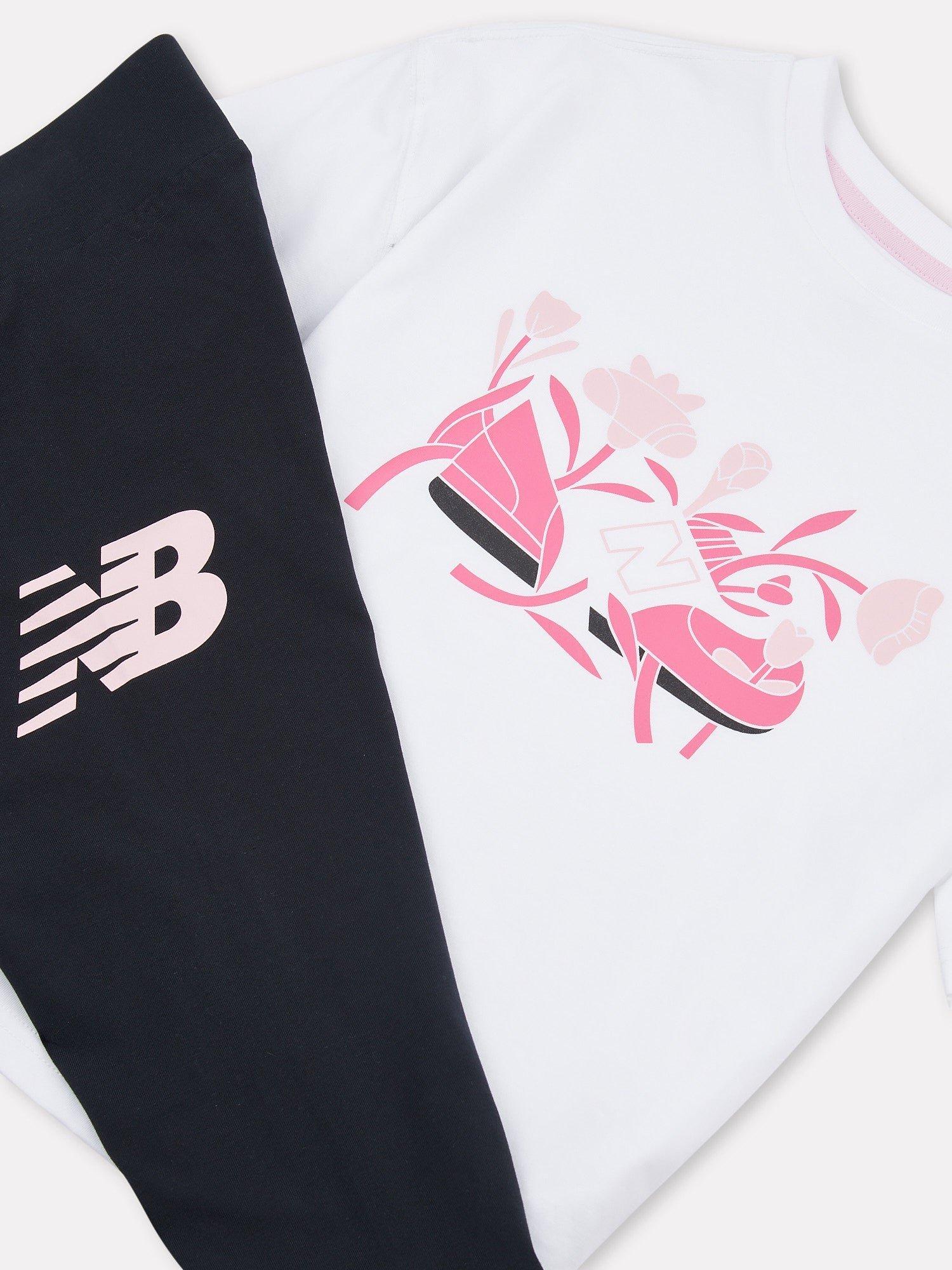Product image 3 of 5, which shows New Balance Kids' Floral Shoe Graphic Tee and Leggings, Bright White, 7-8 years