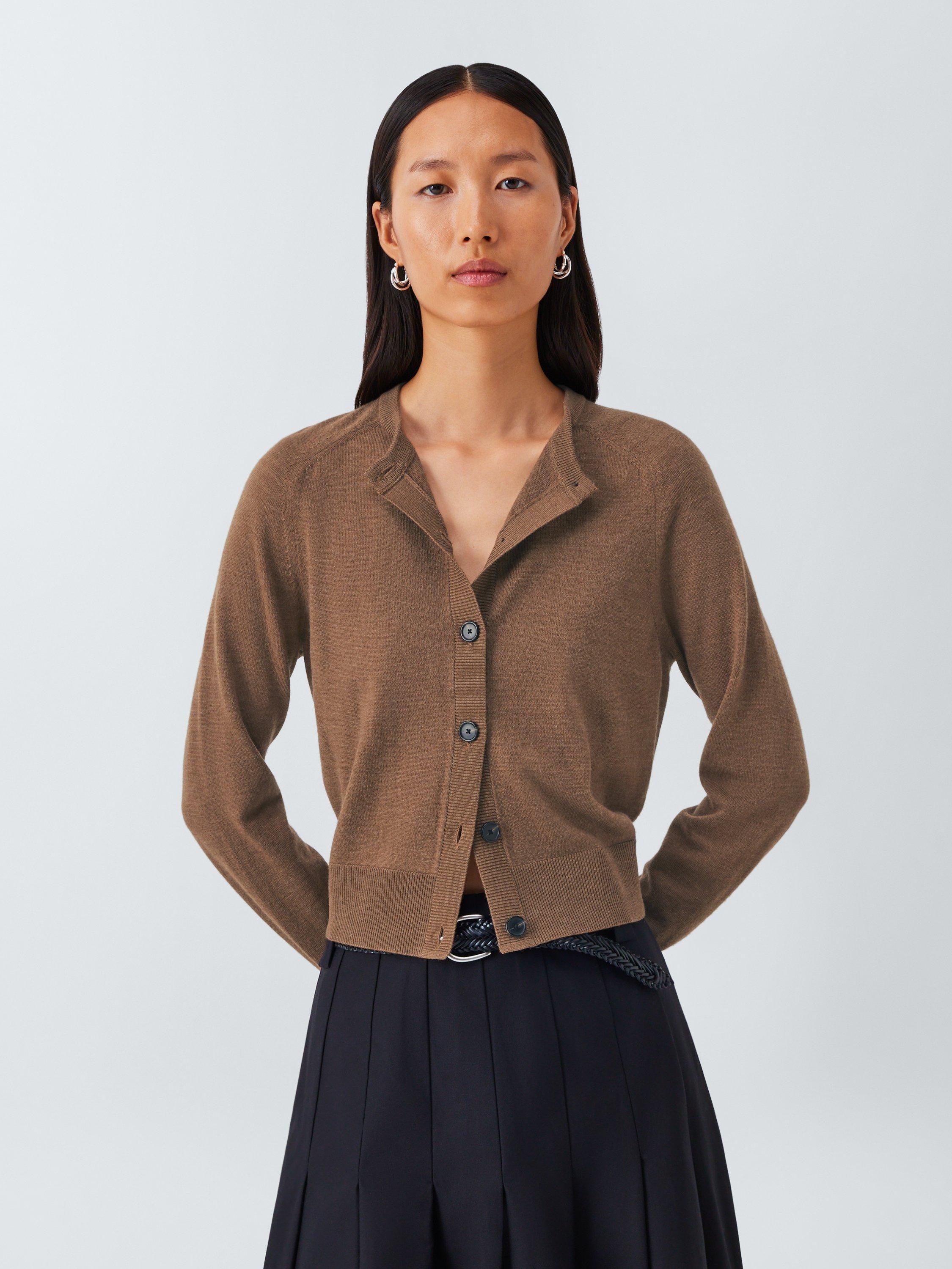 Product image 1 of 6, which shows John Lewis Crew Neck Merino Wool Cardigan, Tan, 8