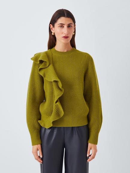 John Lewis Wool Blend Ruffle Jumper, Olive