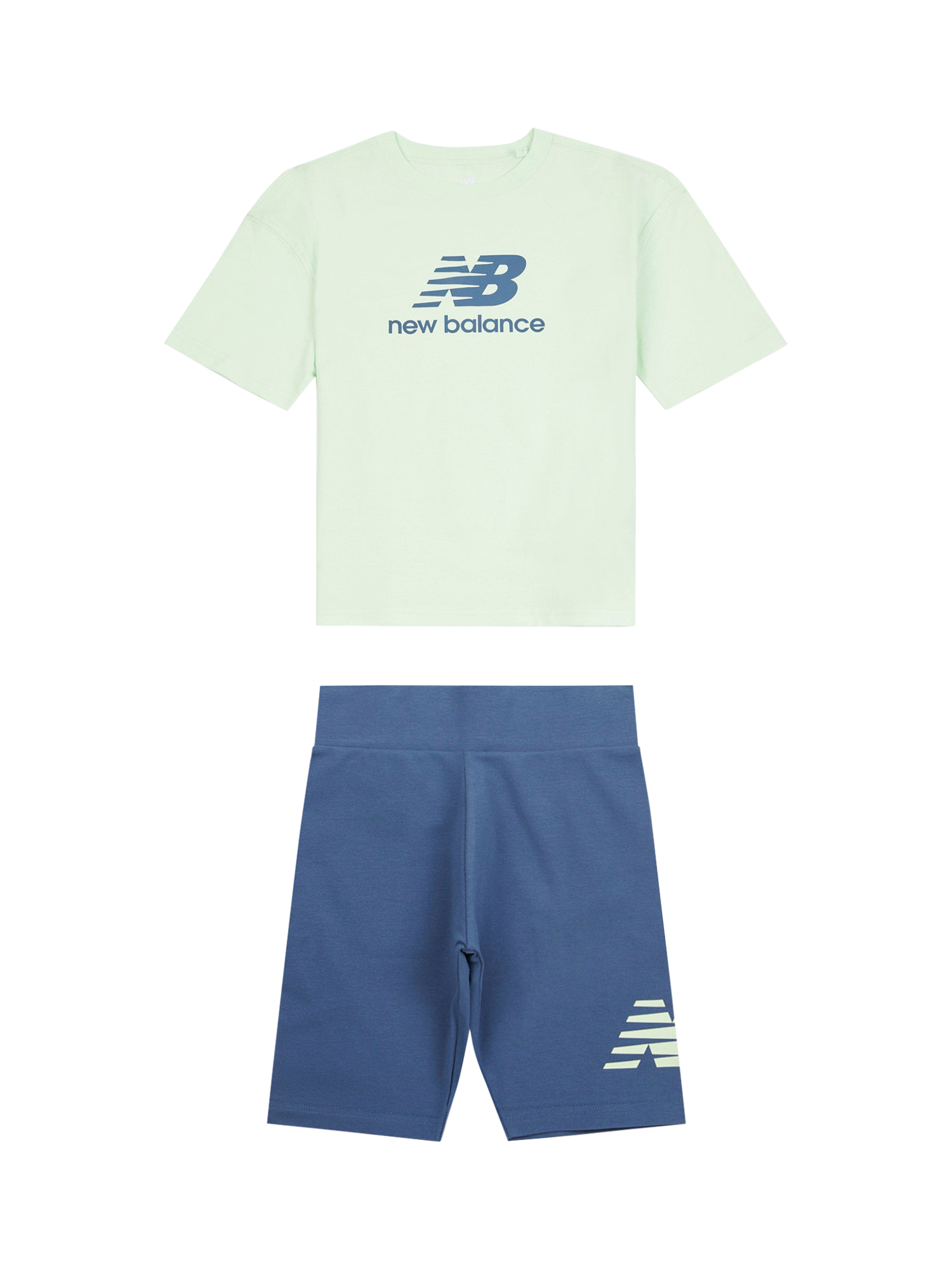Product image 1 of 5, which shows New Balance Kids' Logo T-Shirt & Cycle Shorts Set, Melon Water, 7-8 years