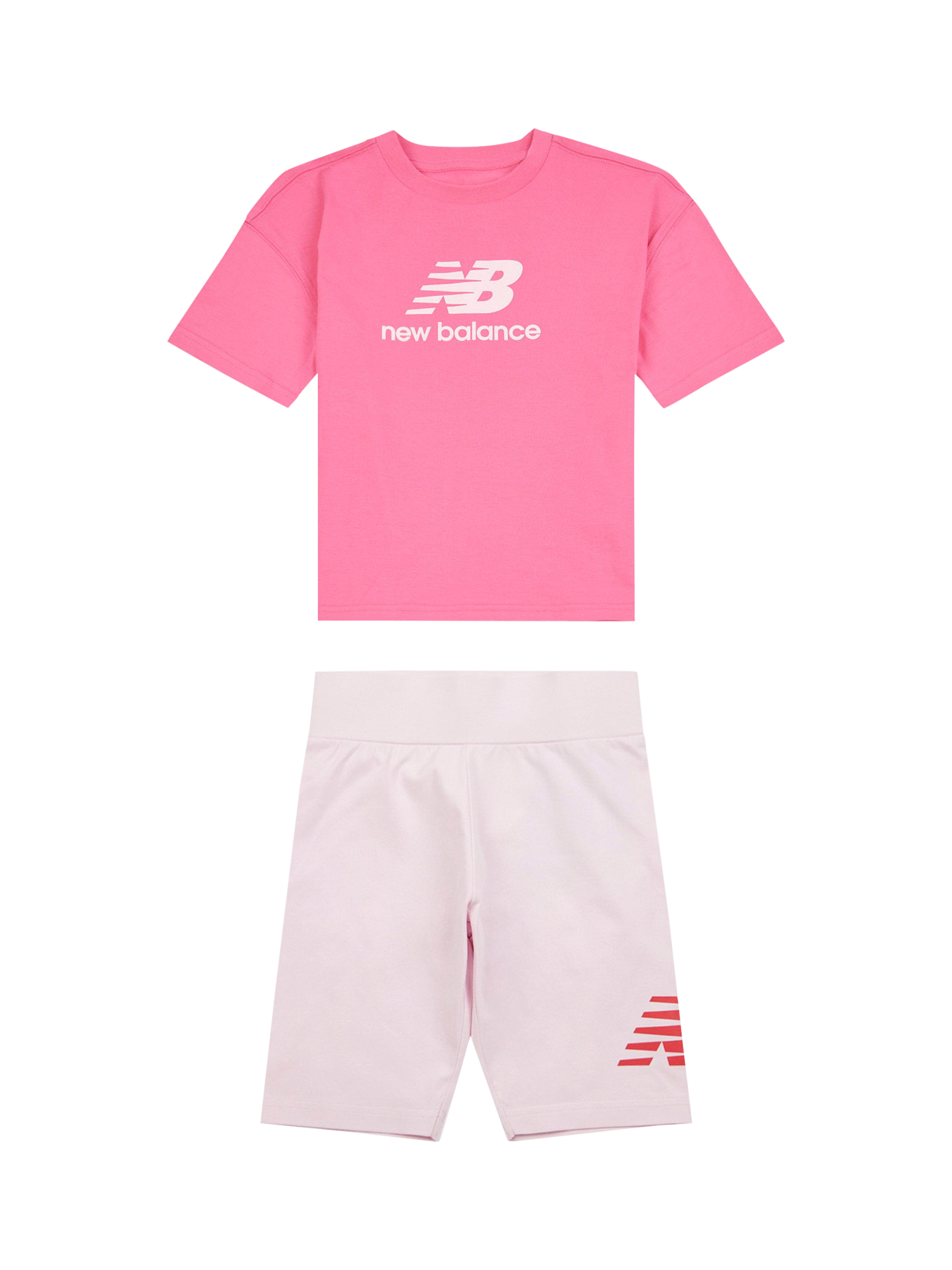 Product image 1 of 4, which shows New Balance Kids' Logo T-Shirt & Cycle Shorts Set, Dragon Berry, 7-8 years