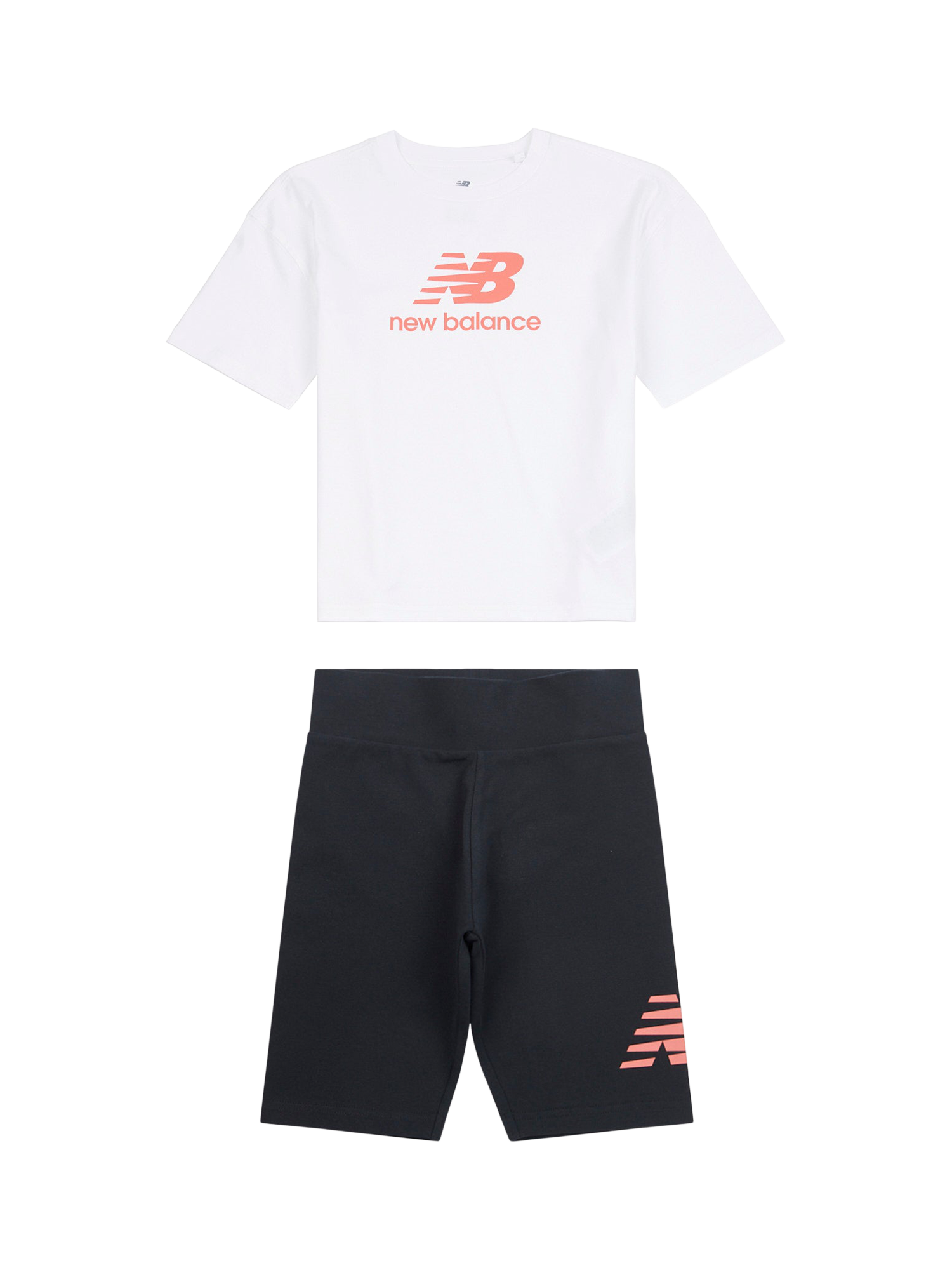 Product image 1 of 5, which shows New Balance Kids' Logo T-Shirt & Cycle Shorts Set, Bright White, 7-8 years