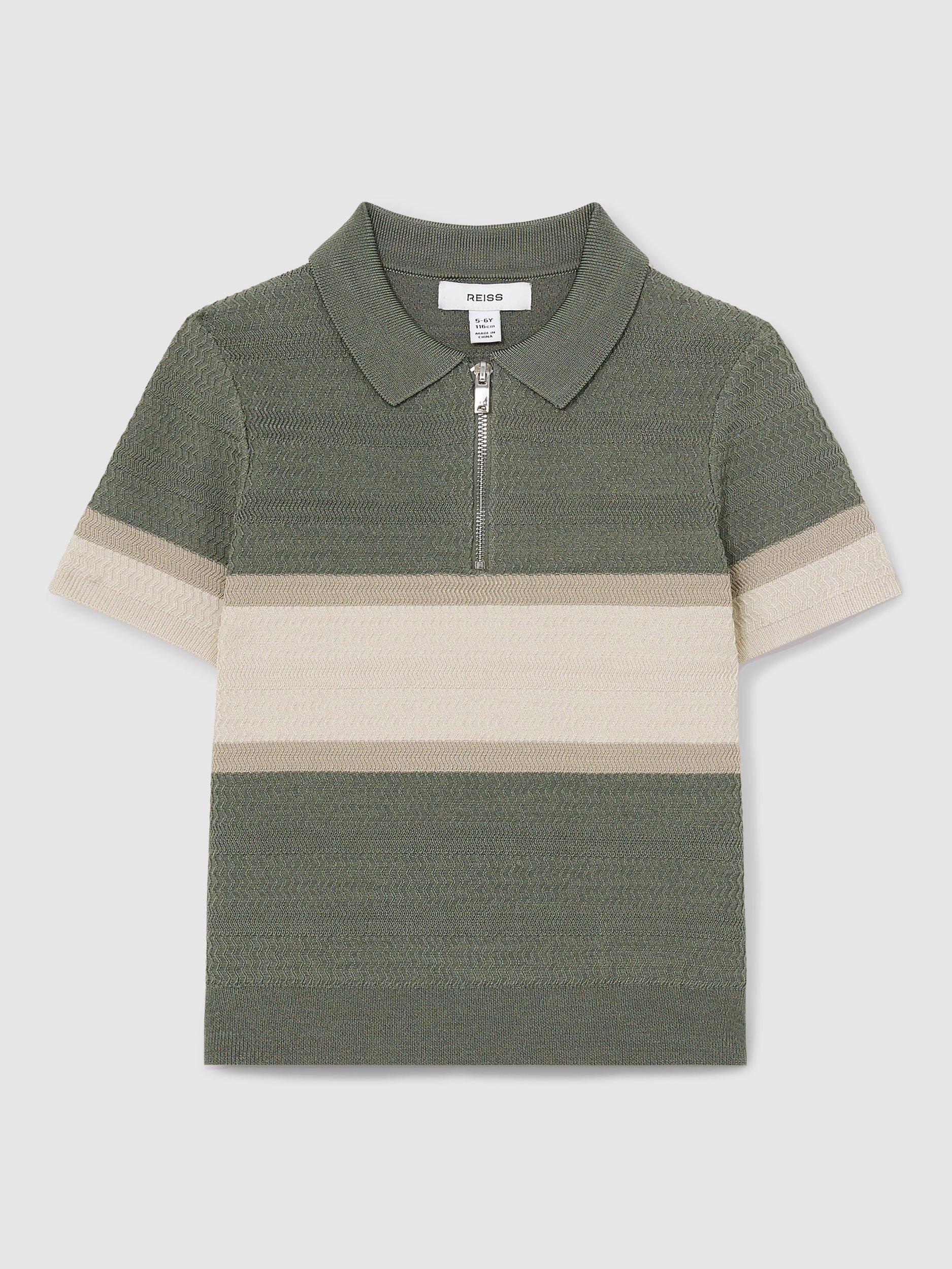 Product image 2 of 4, which shows Reiss Kids' Grove Colour Block Stripe Polo Shirt, Sage Green, 3-4 years