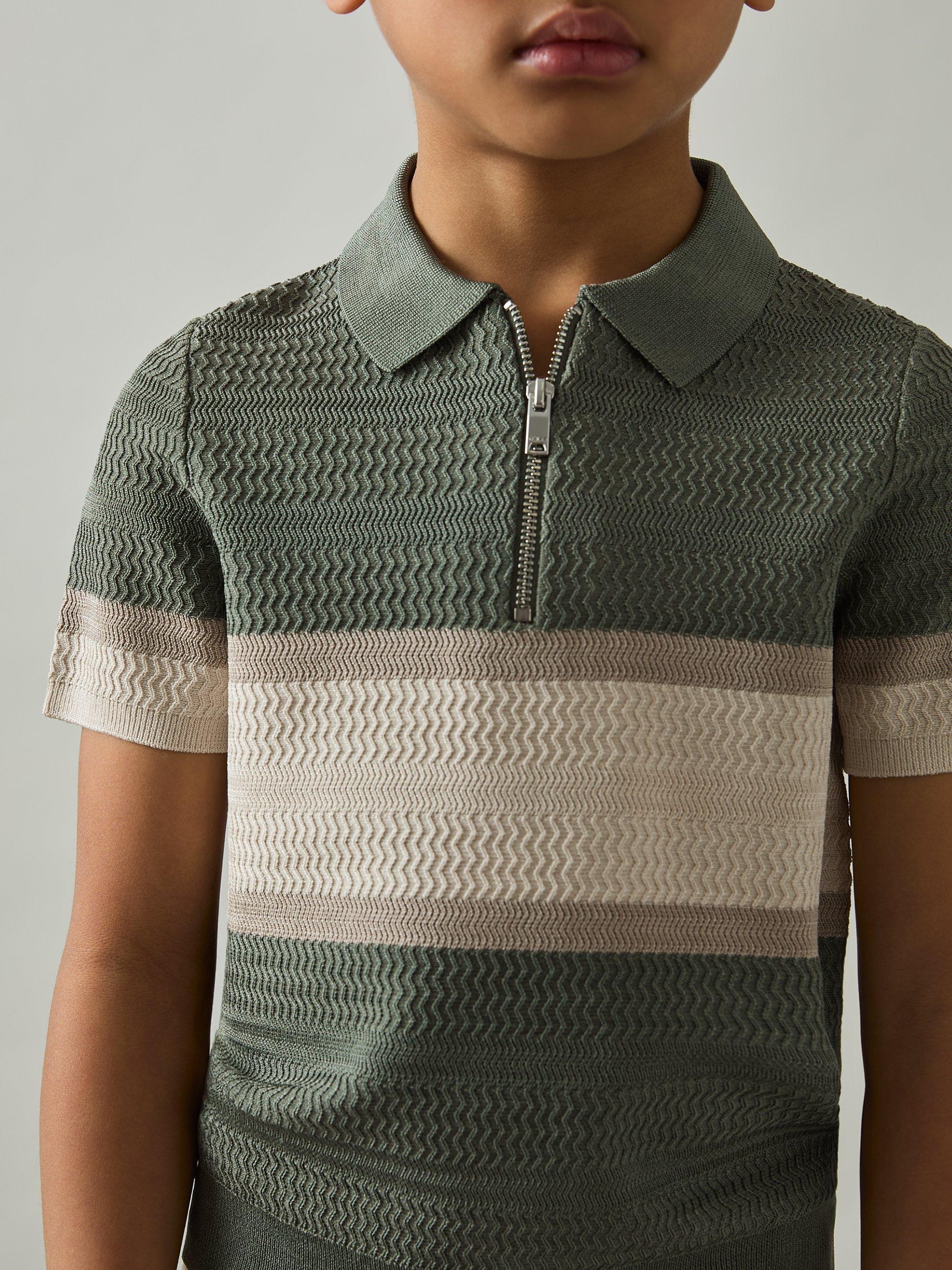 Product image 3 of 4, which shows Reiss Kids' Grove Colour Block Stripe Polo Shirt, Sage Green, 3-4 years