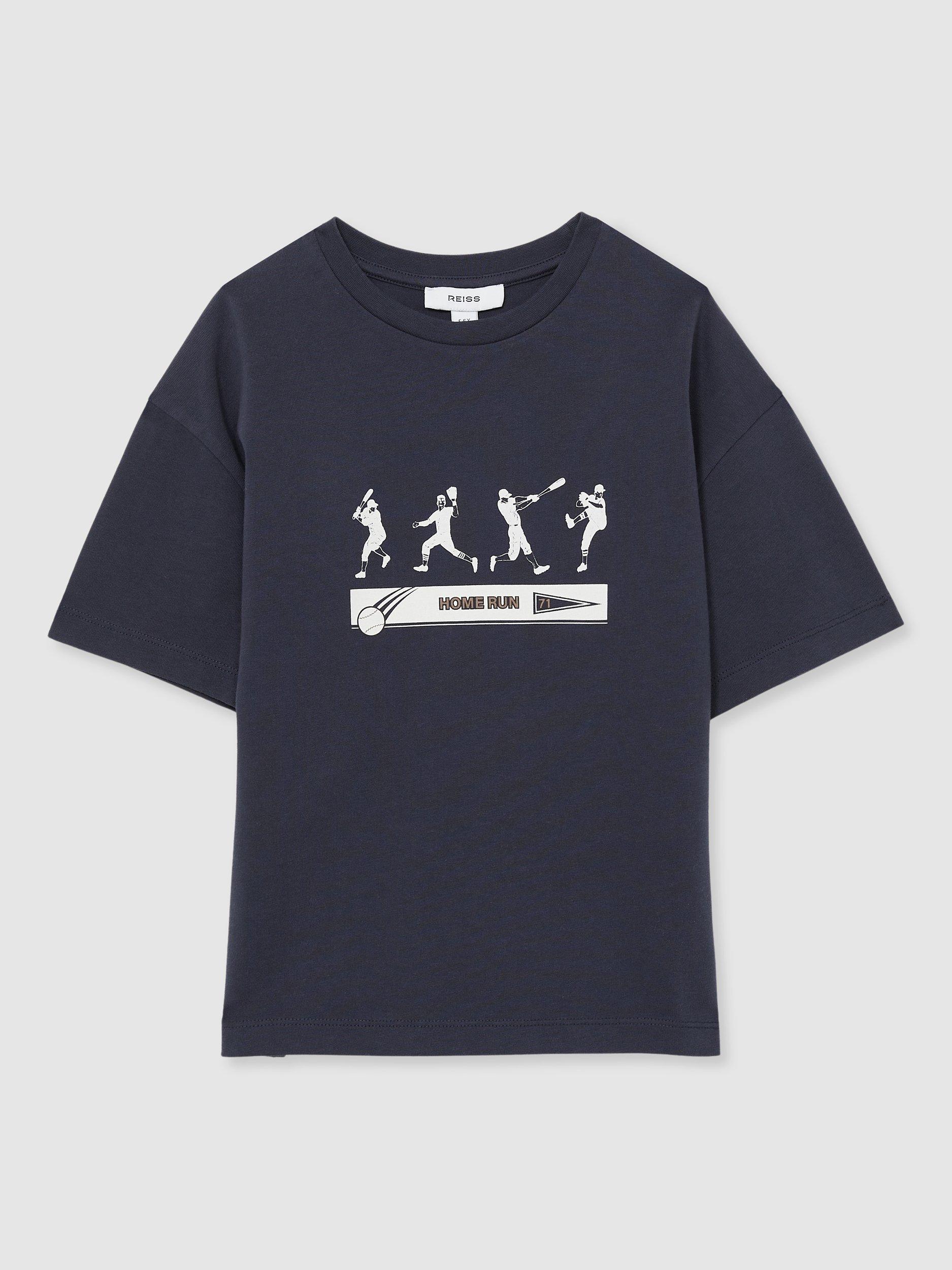 Product image 1 of 4, which shows Reiss Kids' Kolby Baseball Graphic T-Shirt, Petrol Blue, 3-4 years