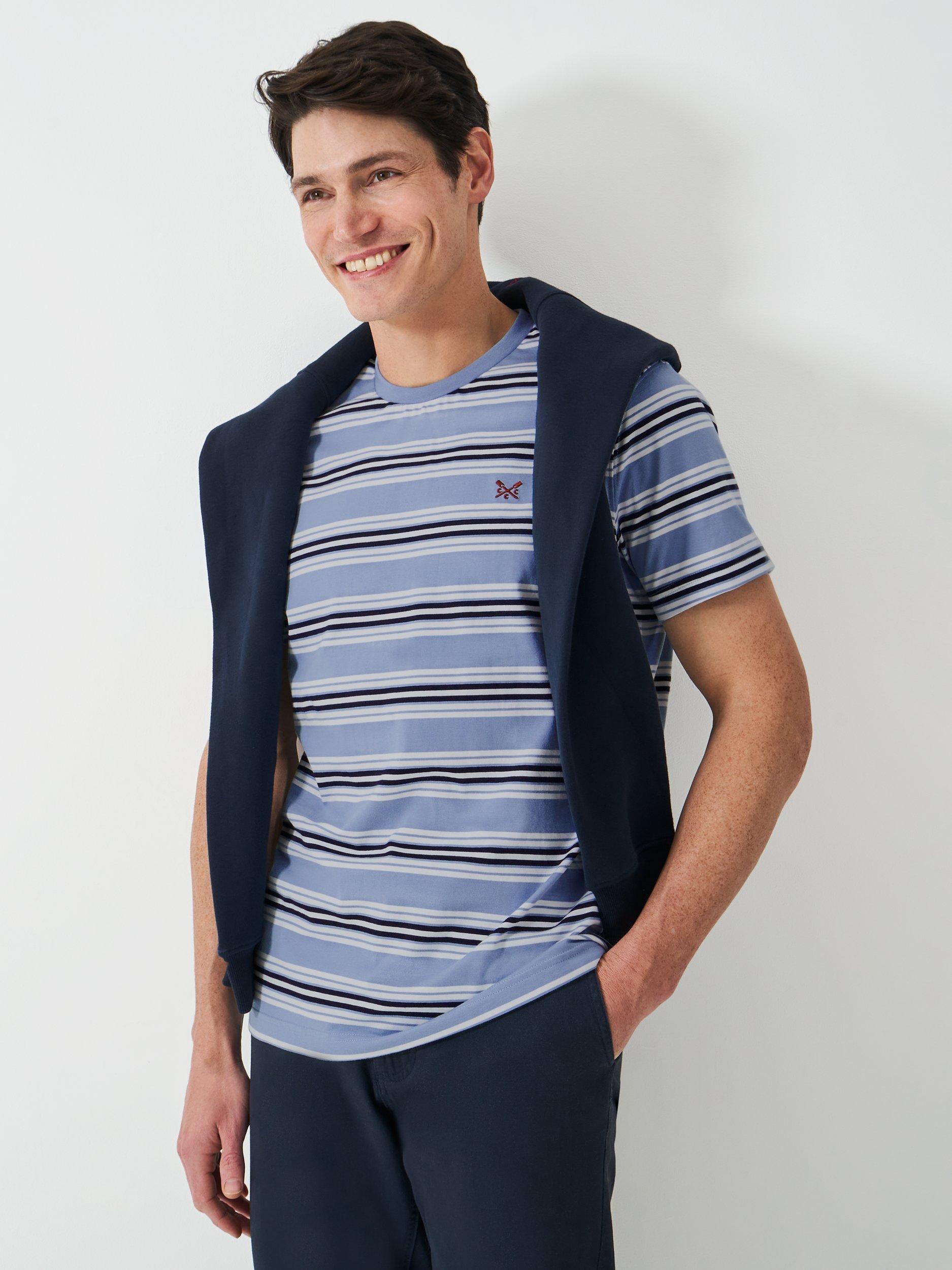Product image 1 of 5, which shows Crew Clothing Cotton Regular Fit Short Sleeve Stripe T-Shirt, Light Blue/Multi, L