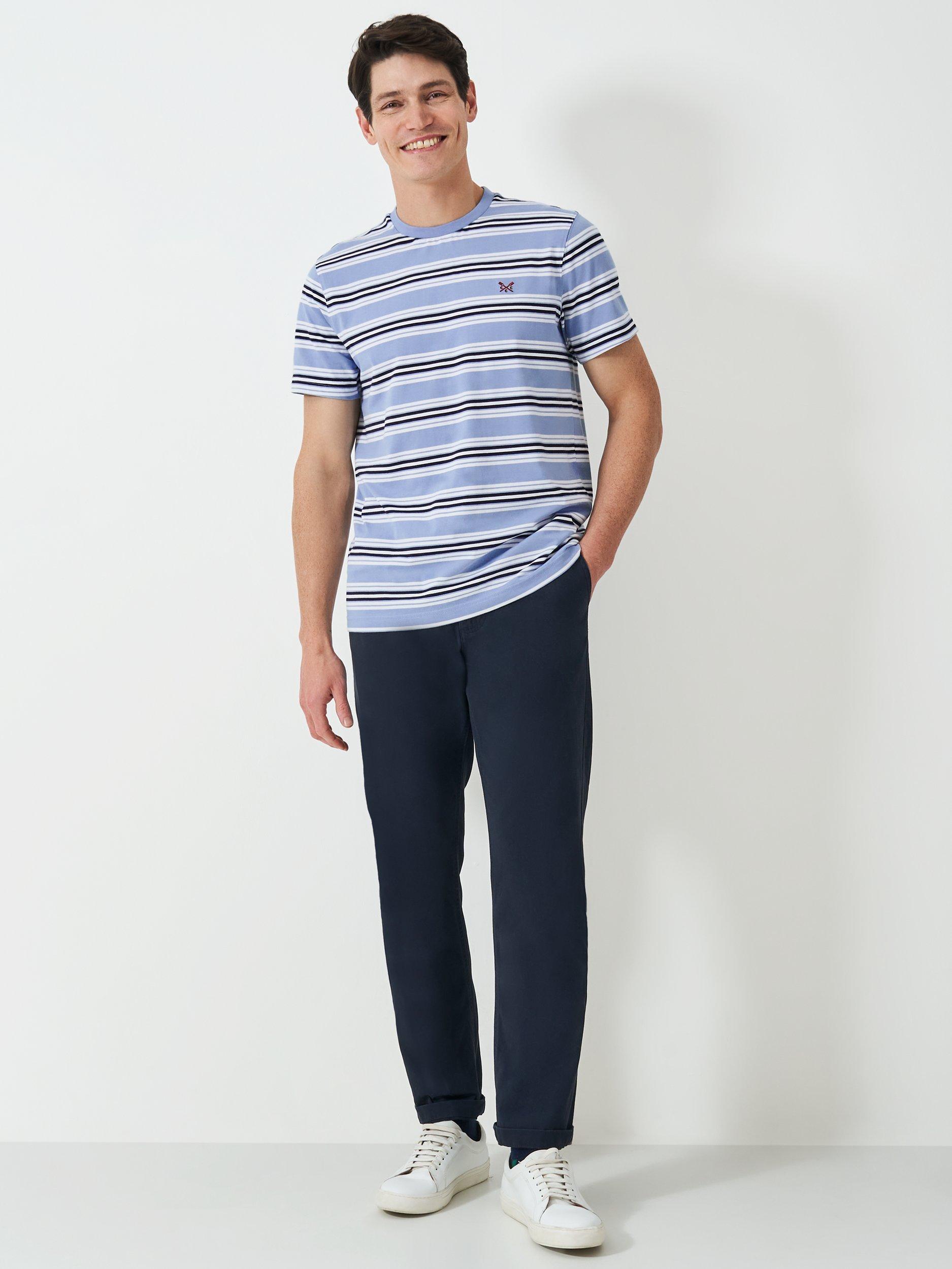 Product image 2 of 5, which shows Crew Clothing Cotton Regular Fit Short Sleeve Stripe T-Shirt, Light Blue/Multi, L