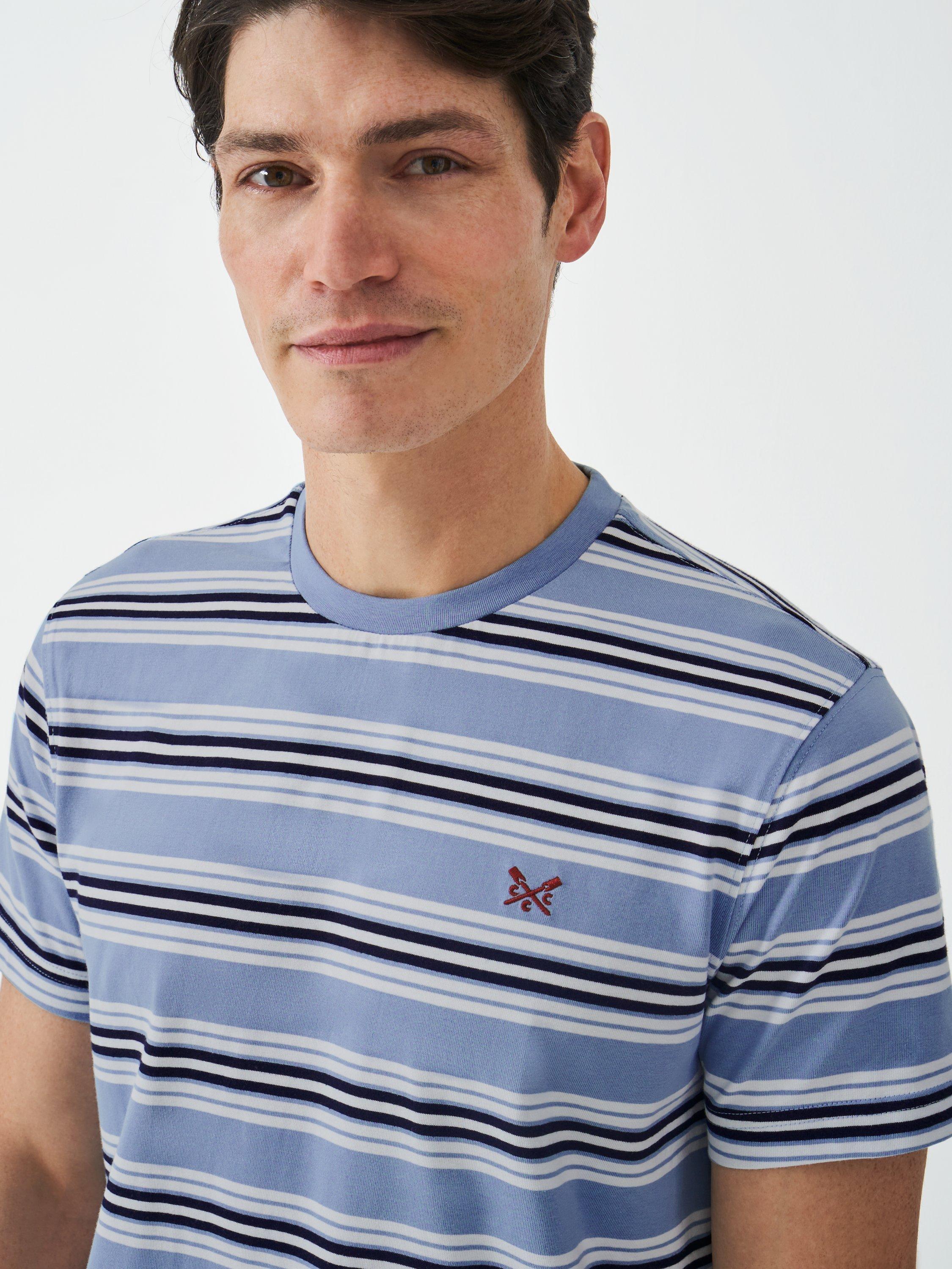 Product image 4 of 5, which shows Crew Clothing Cotton Regular Fit Short Sleeve Stripe T-Shirt, Light Blue/Multi, L