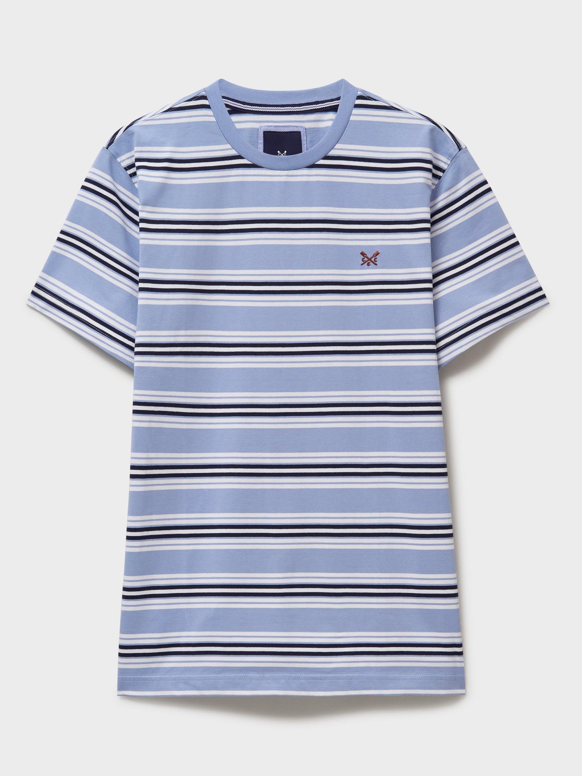 Product image 5 of 5, which shows Crew Clothing Cotton Regular Fit Short Sleeve Stripe T-Shirt, Light Blue/Multi, L