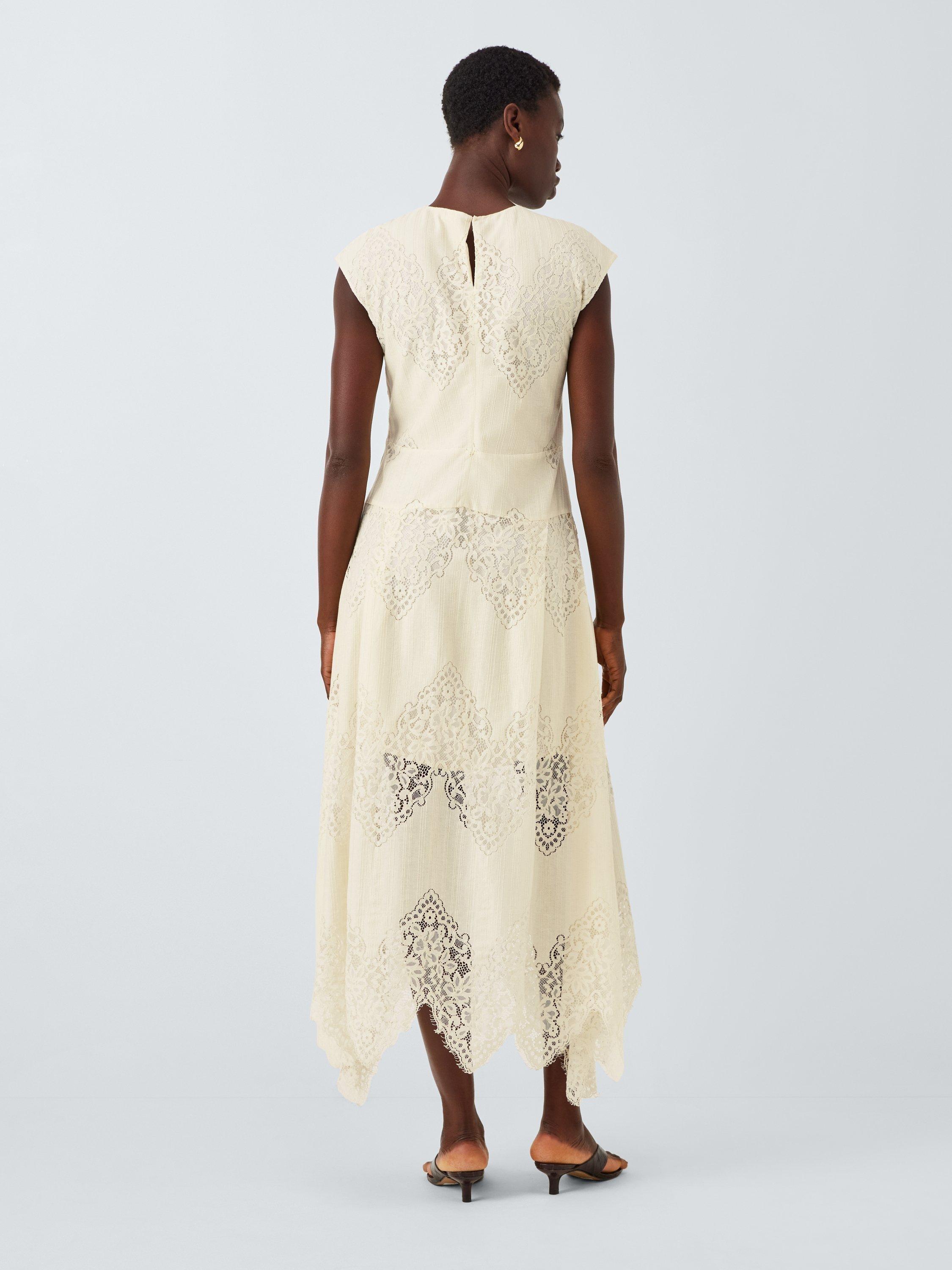 Product image 2 of 6, which shows John Lewis Sleeveless Cotton Blend Lace Midi Dress, Ecru, 8
