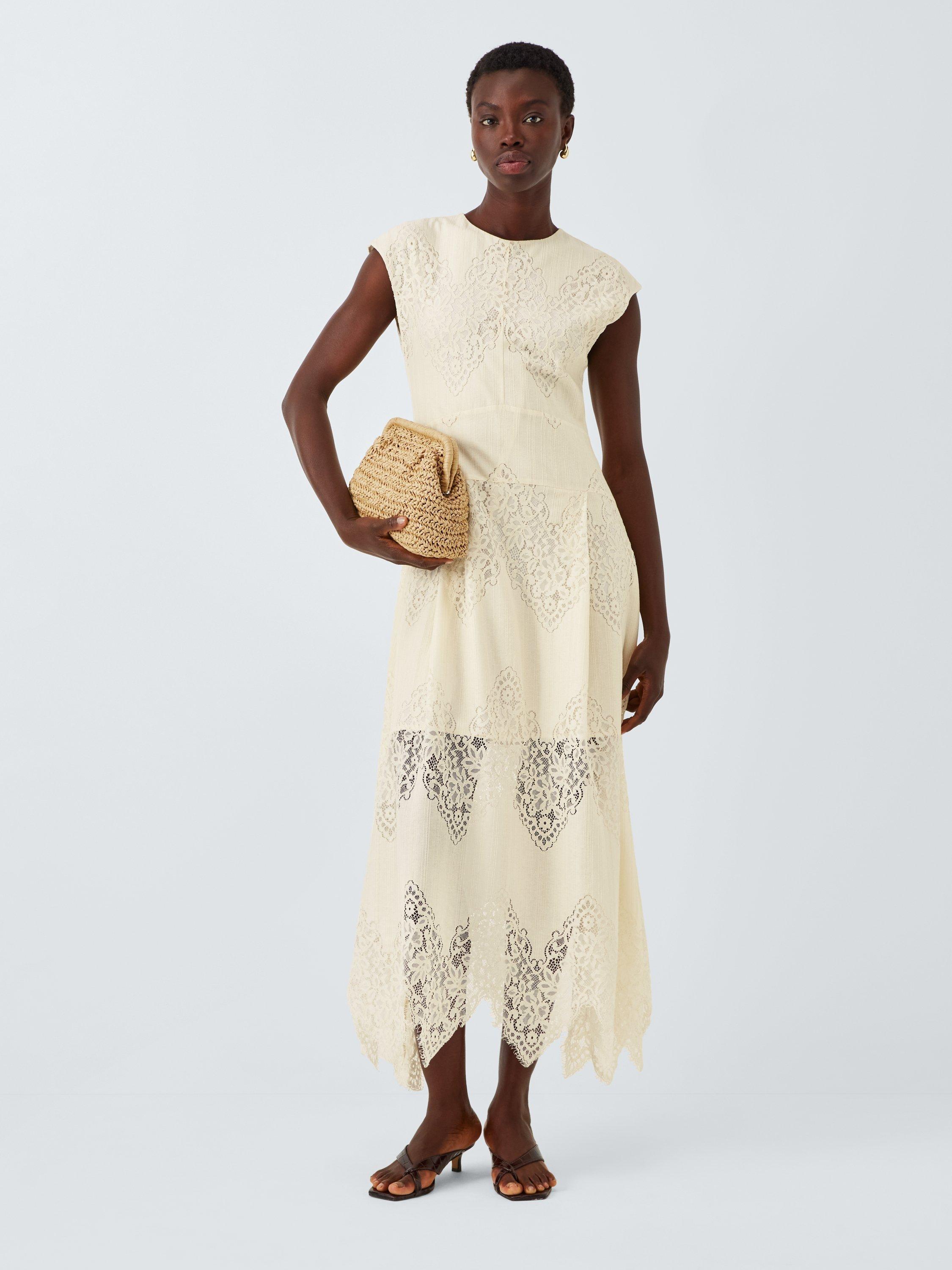 Product image 3 of 6, which shows John Lewis Sleeveless Cotton Blend Lace Midi Dress, Ecru, 8