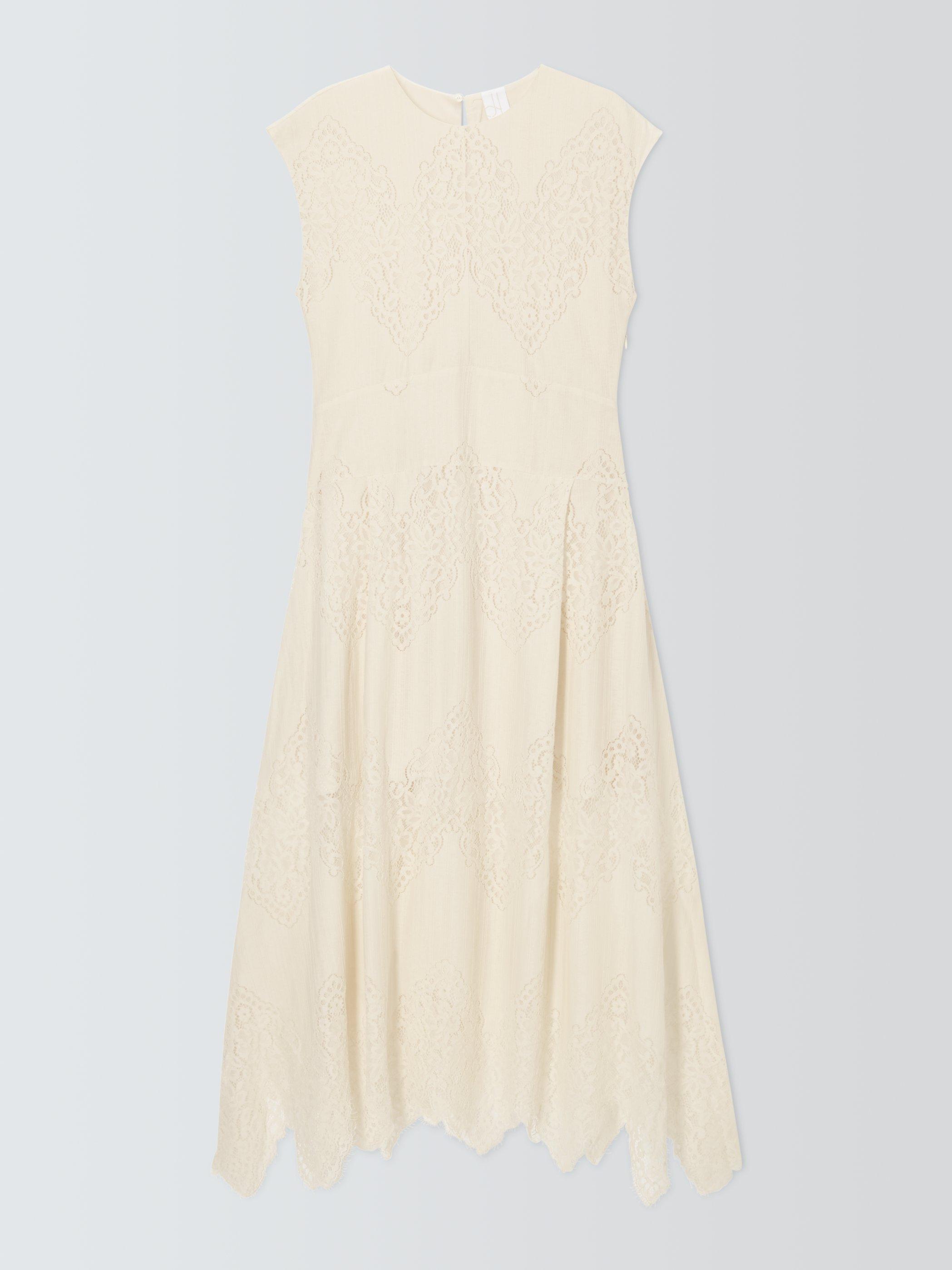 Product image 4 of 6, which shows John Lewis Sleeveless Cotton Blend Lace Midi Dress, Ecru, 8