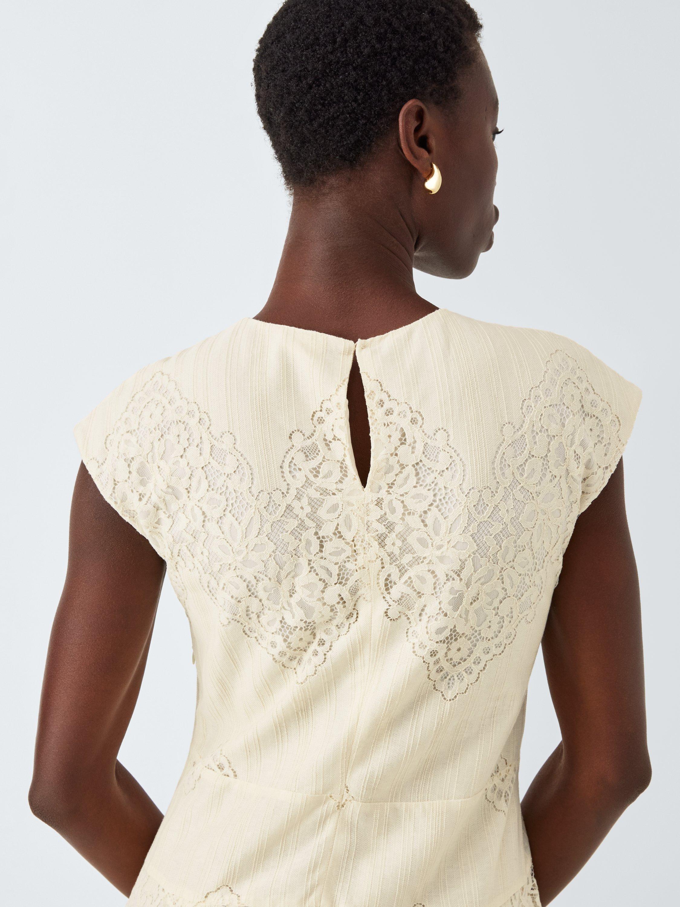 Product image 6 of 6, which shows John Lewis Sleeveless Cotton Blend Lace Midi Dress, Ecru, 8