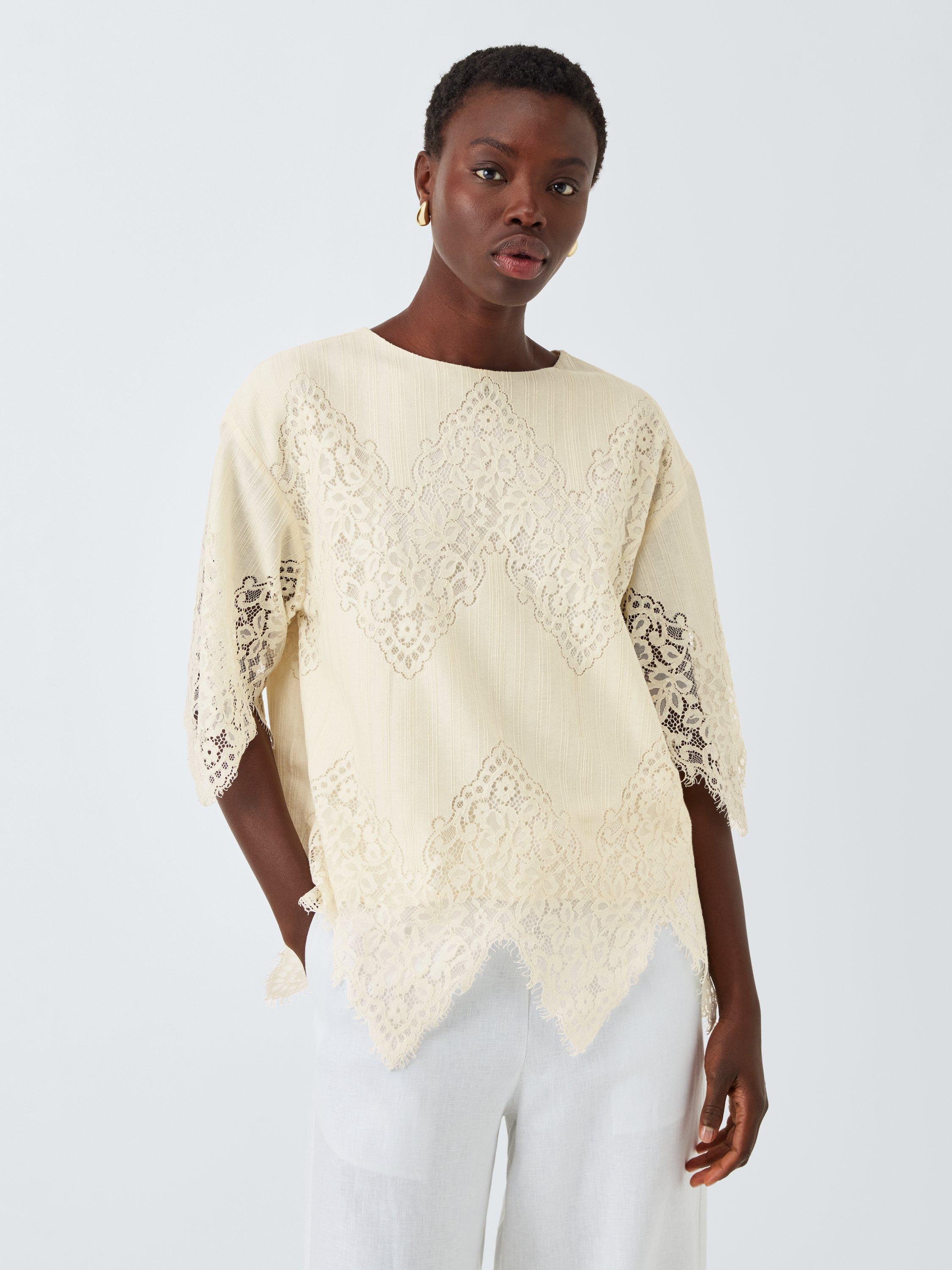 Product image 1 of 6, which shows John Lewis Short Sleeve Cotton Blend Lace Top, Ecru, 8