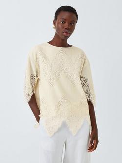 John Lewis Short Sleeve Cotton Blend Lace Top, Ecru, Ecru