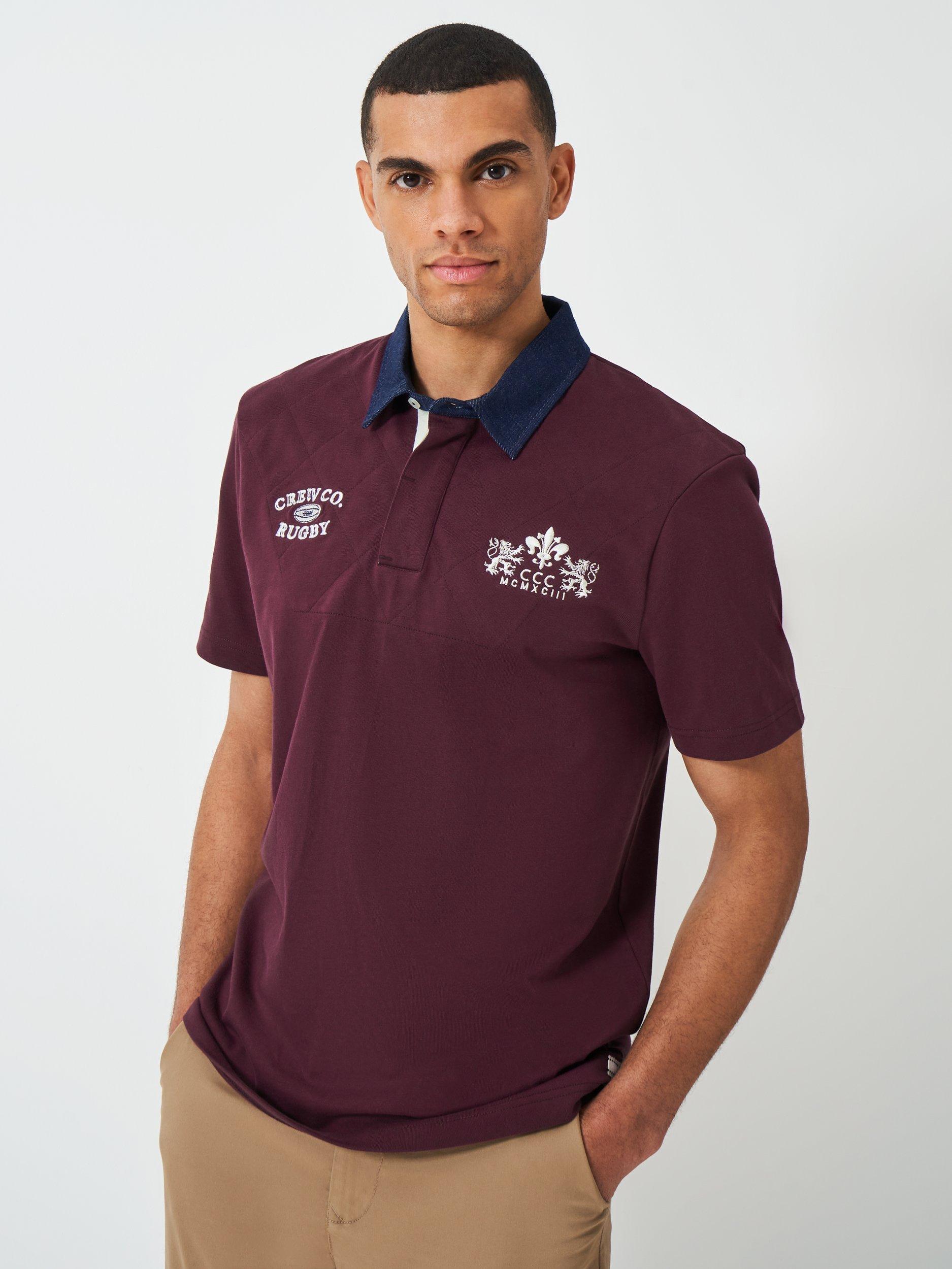 Product image 1 of 6, which shows Crew Clothing Patchwork Short Sleeve Cotton Polo Shirt, Burgundy Red, L