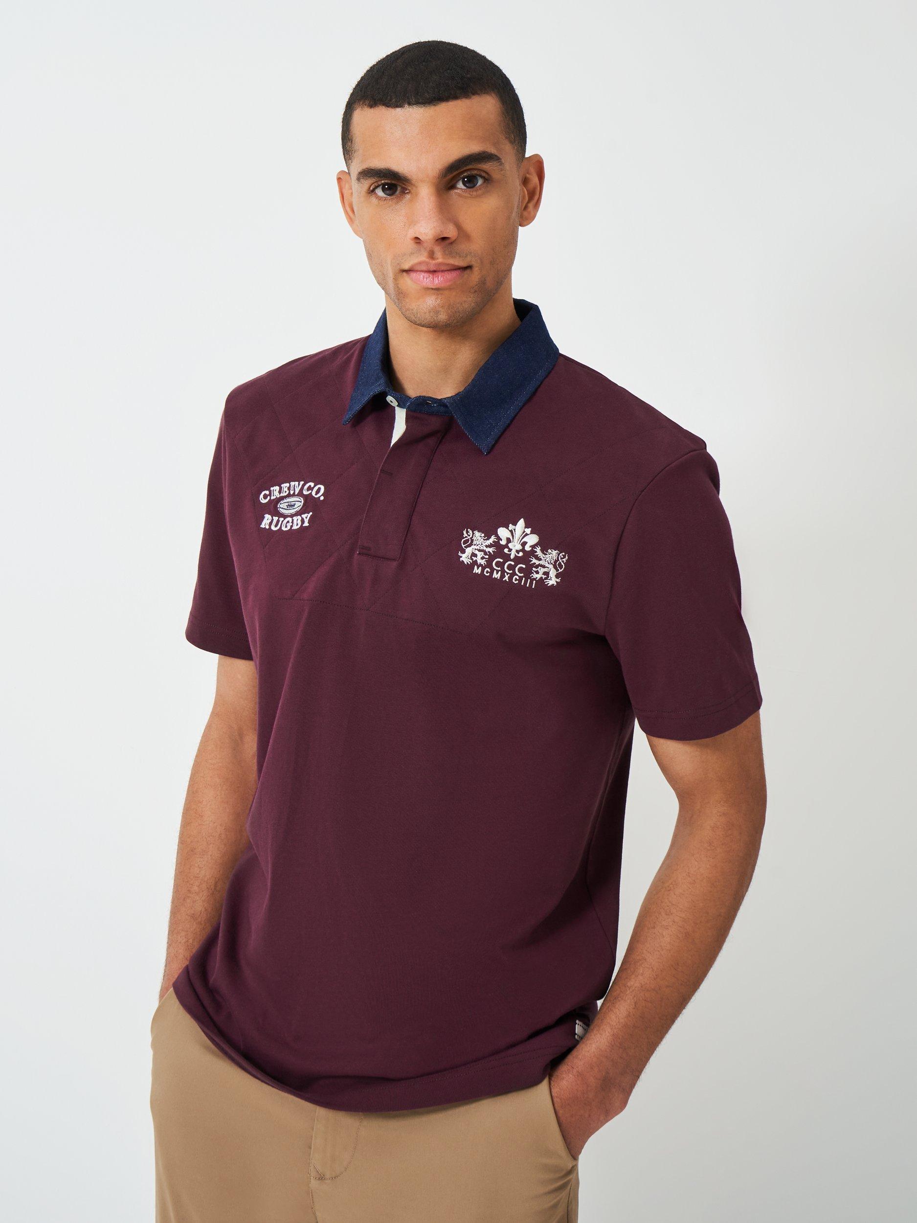 Product image 2 of 6, which shows Crew Clothing Patchwork Short Sleeve Cotton Polo Shirt, Burgundy Red, L