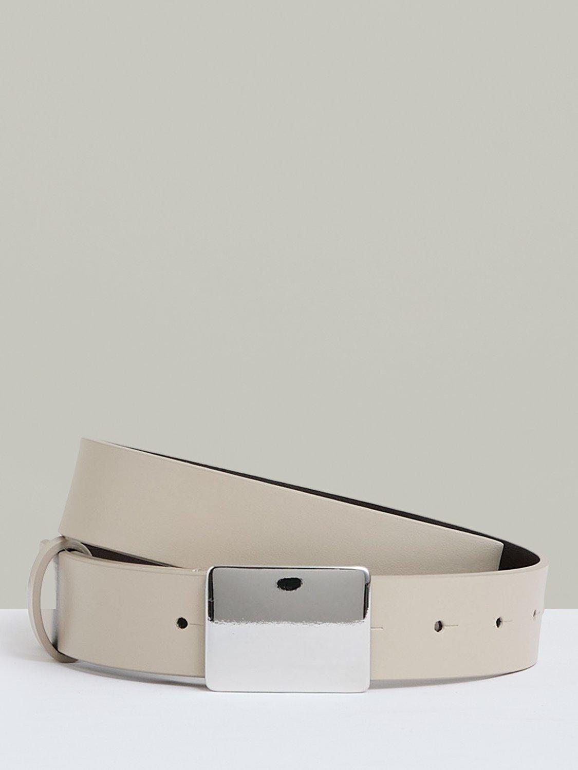 Product image 1 of 4, which shows Reiss Eva Square Buckle Leather Belt, Stone, S