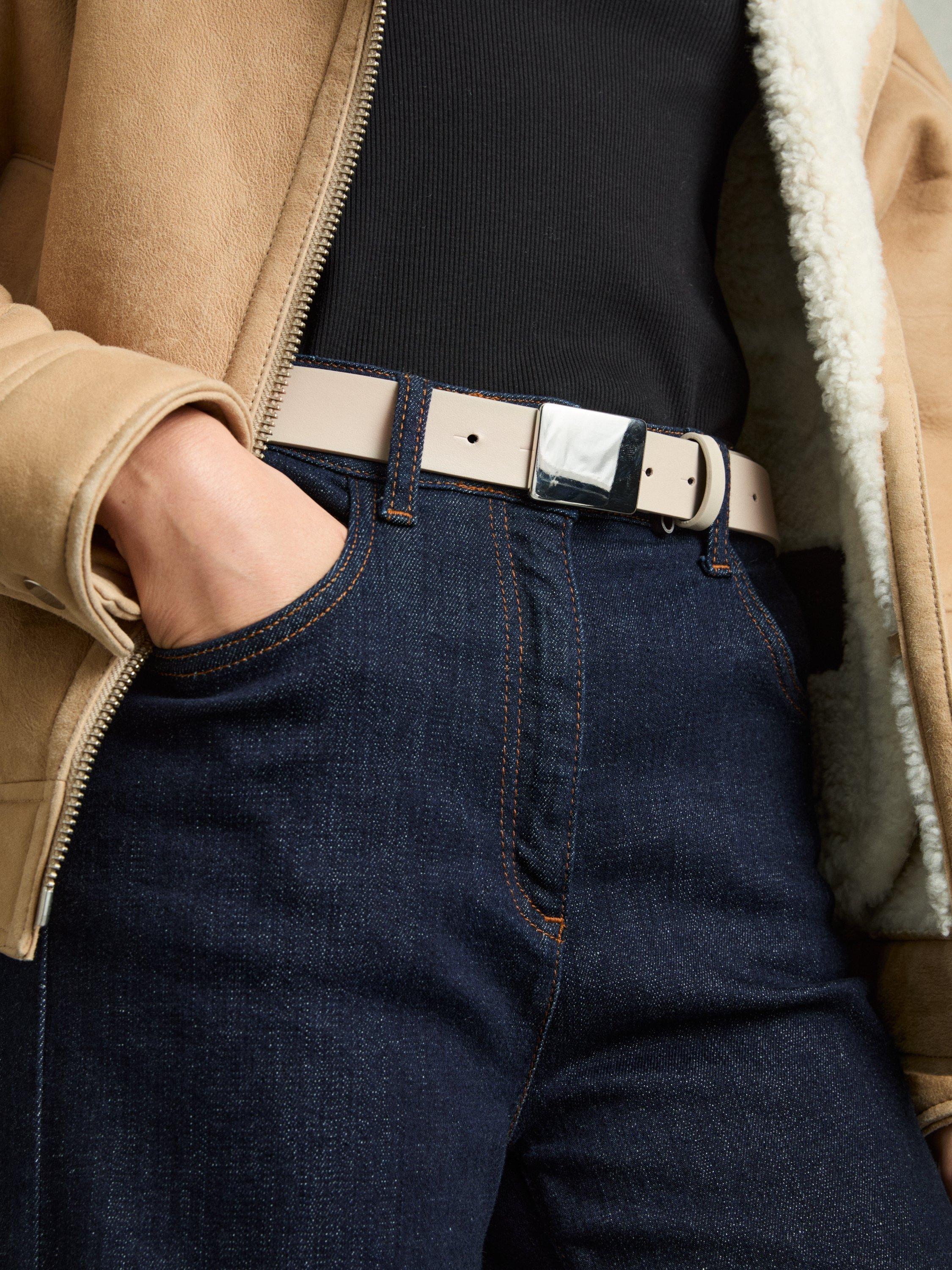 Product image 2 of 4, which shows Reiss Eva Square Buckle Leather Belt, Stone, S