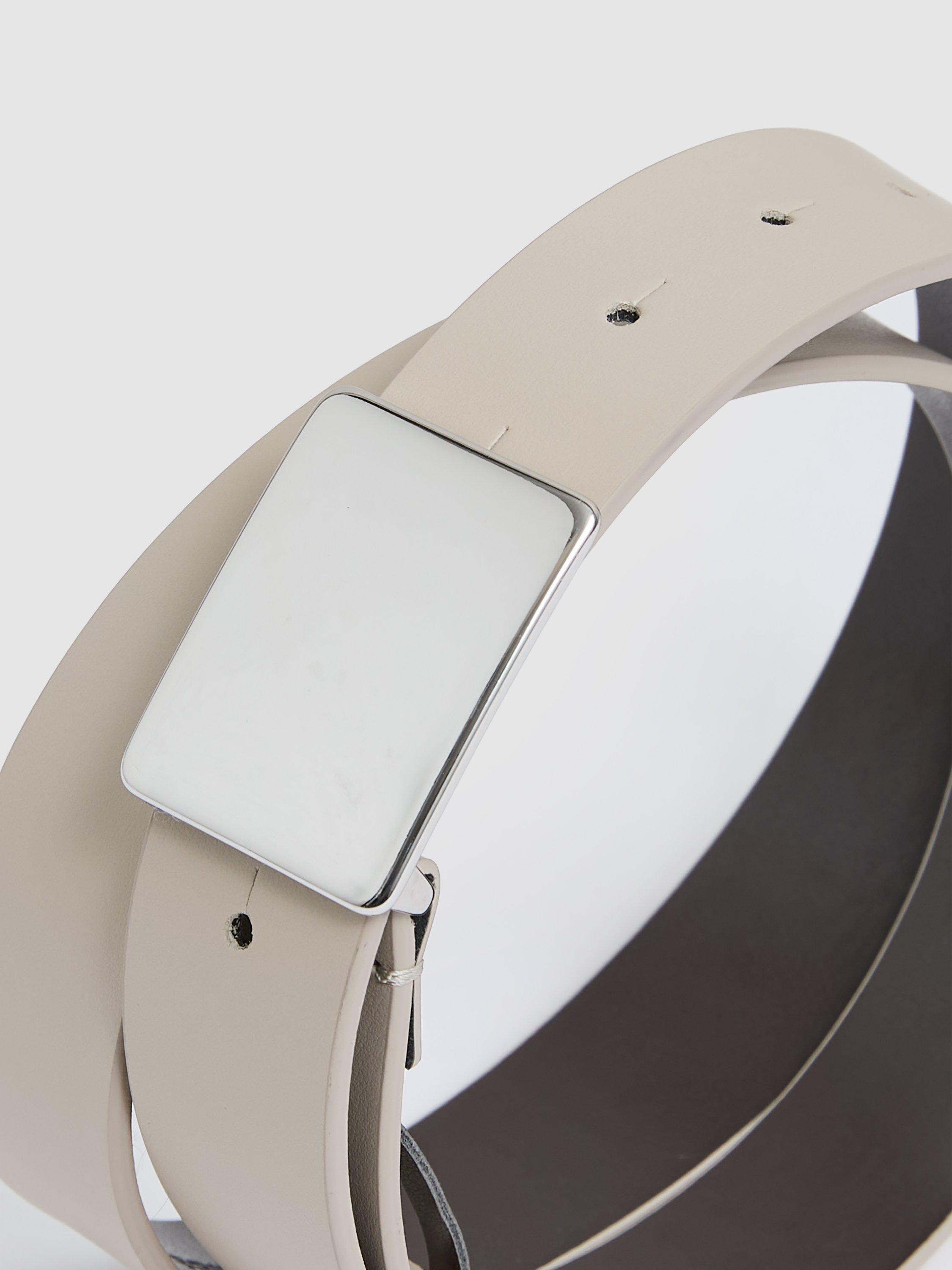 Product image 4 of 4, which shows Reiss Eva Square Buckle Leather Belt, Stone, S