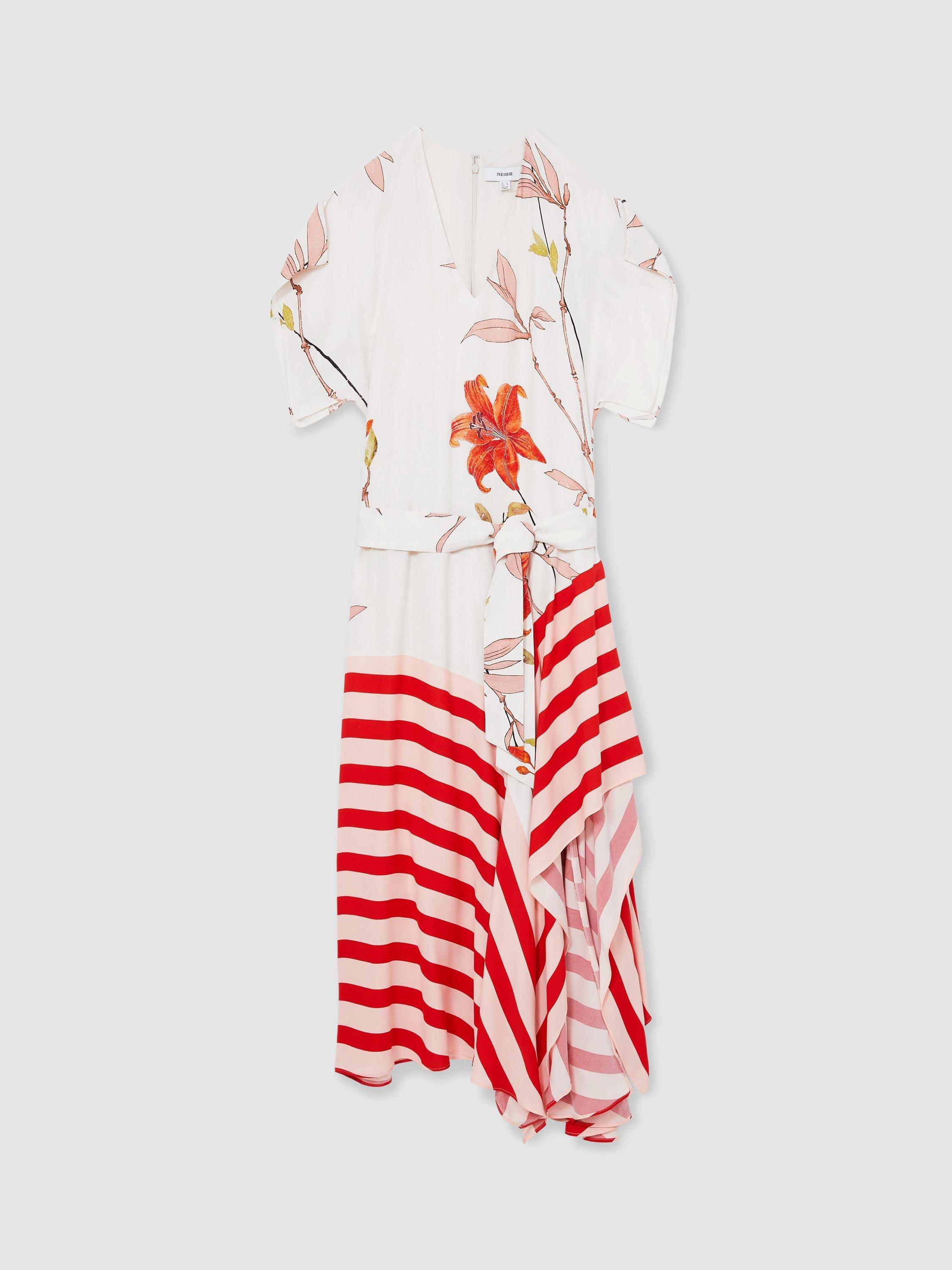 Product image 3 of 5, which shows Reiss Alicia Floral Stripe Dress, Ivory/Red, 6