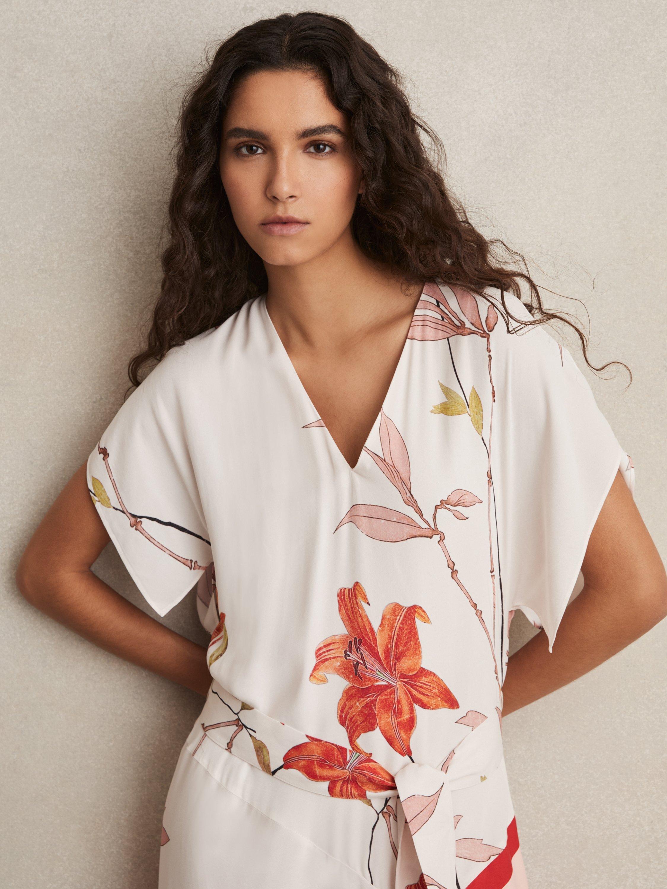 Product image 4 of 5, which shows Reiss Alicia Floral Stripe Dress, Ivory/Red, 6