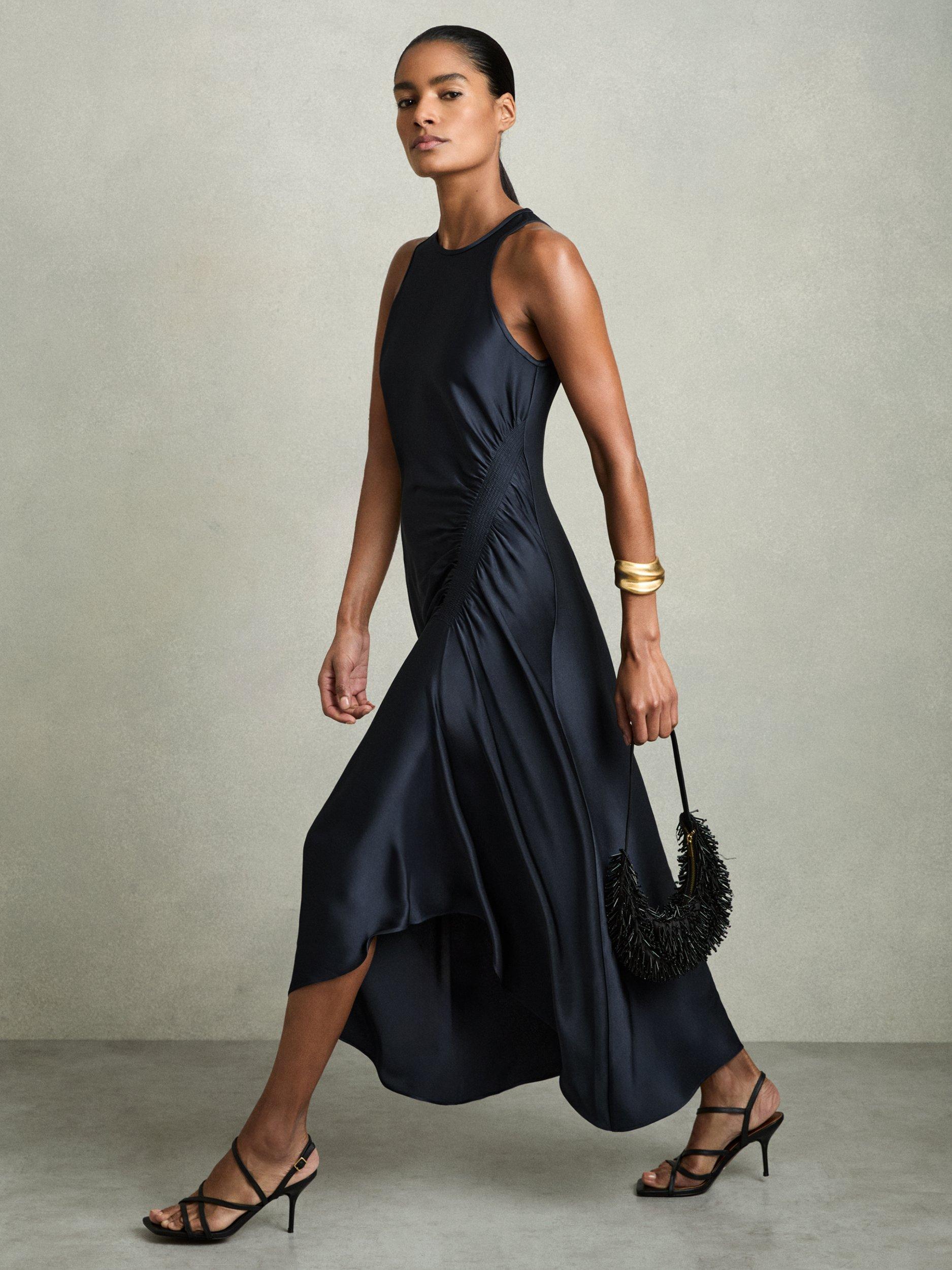 【海外限定】REISSワンピース☆Anessa Sleeveless Satin Midi Dr Reiss Anessa Satin Ruched Sleeveless Midi Dress, Navy
