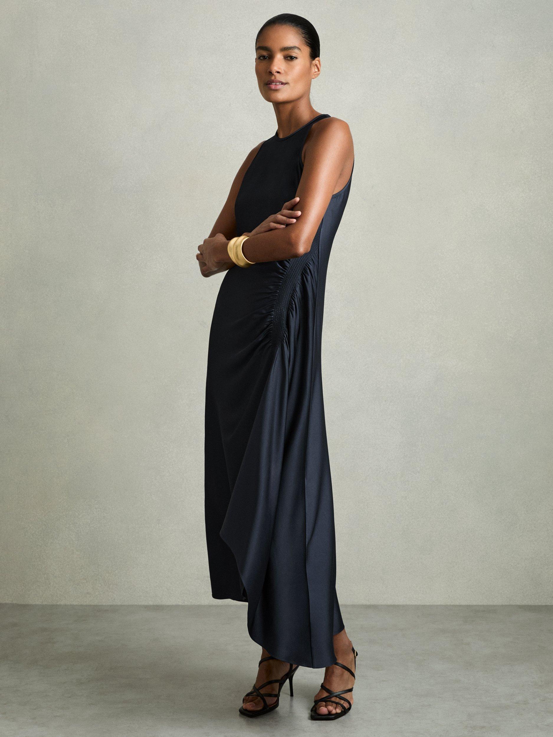 Product image 1 of 5, which shows Reiss Petite Anessa Satin Ruched Sleeveless Midi Dress, Navy, 6Pt