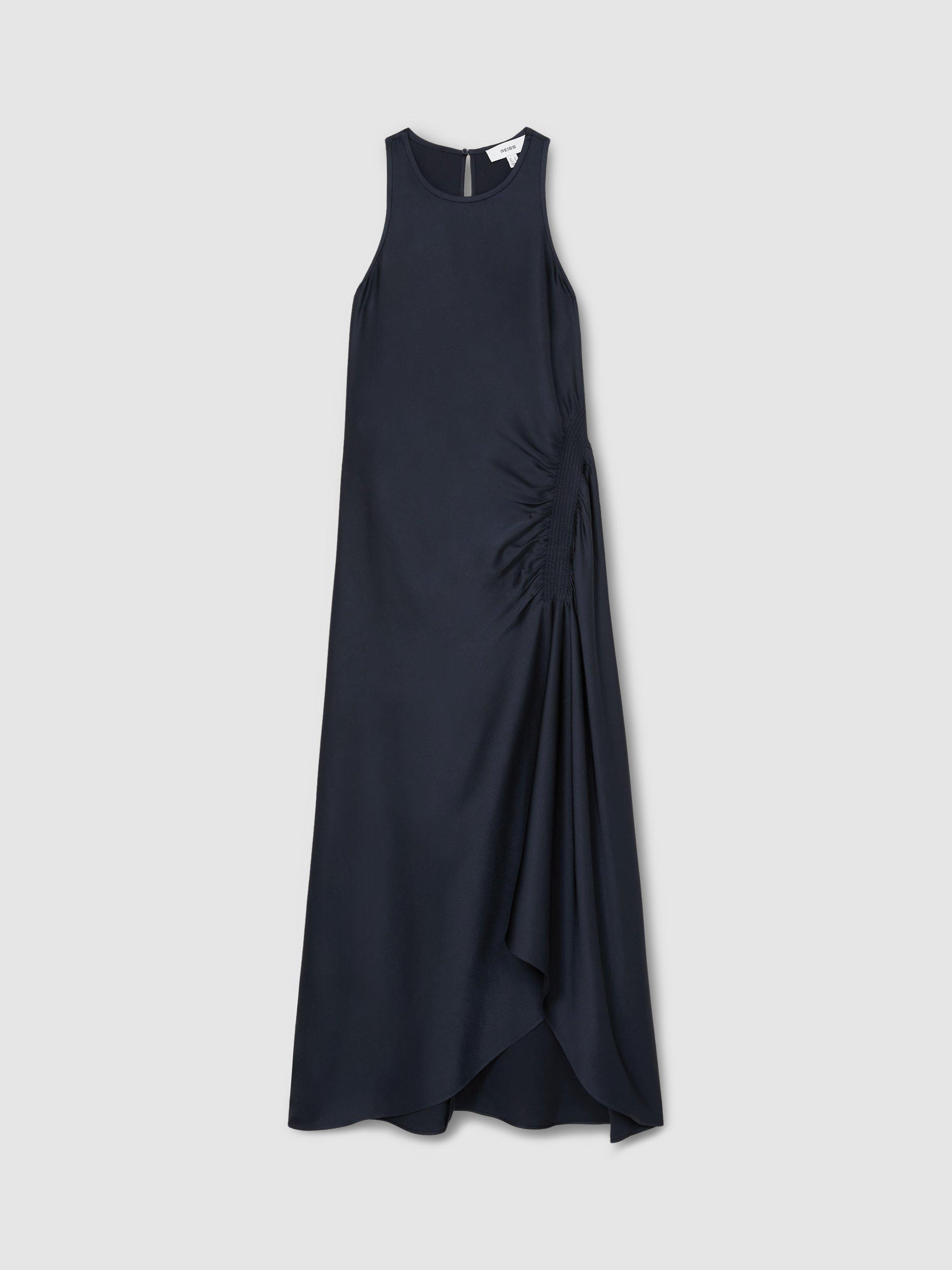 Product image 3 of 5, which shows Reiss Petite Anessa Satin Ruched Sleeveless Midi Dress, Navy, 6Pt